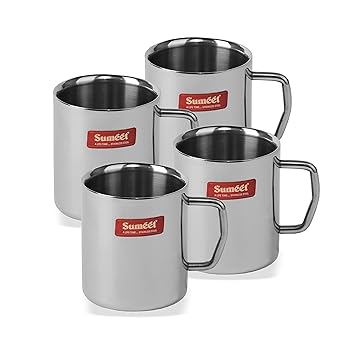 SUMEET Stainless Steel Coffee Mug - 4 Pieces, Silver, 210 ml