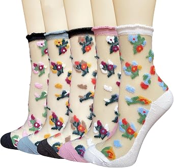 DXYAKY 5 Pairs Sheer Floral Socks for Women, Mesh Lace Ruffle Ankle Socks Breathable Summer Cute Transparent Stockings