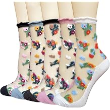 DXYAKY 5 Pairs Sheer Floral Socks for Women, Mesh Lace Ruffle Ankle Socks Breathable Summer Cute Transparent Stockings