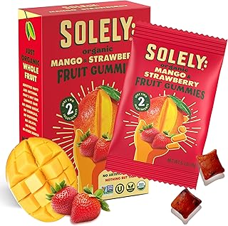 SOLELY - Organic Mango & Strawberry Whole Fruit Gummies (Pack of 1 Box, 5 Bags per Box) - Real Fresh Fruit - Healthy Snacks for Adults & Kids - Non GMO, Vegan Snacks, Shelf Stable - 5 Bags (3.5 oz)