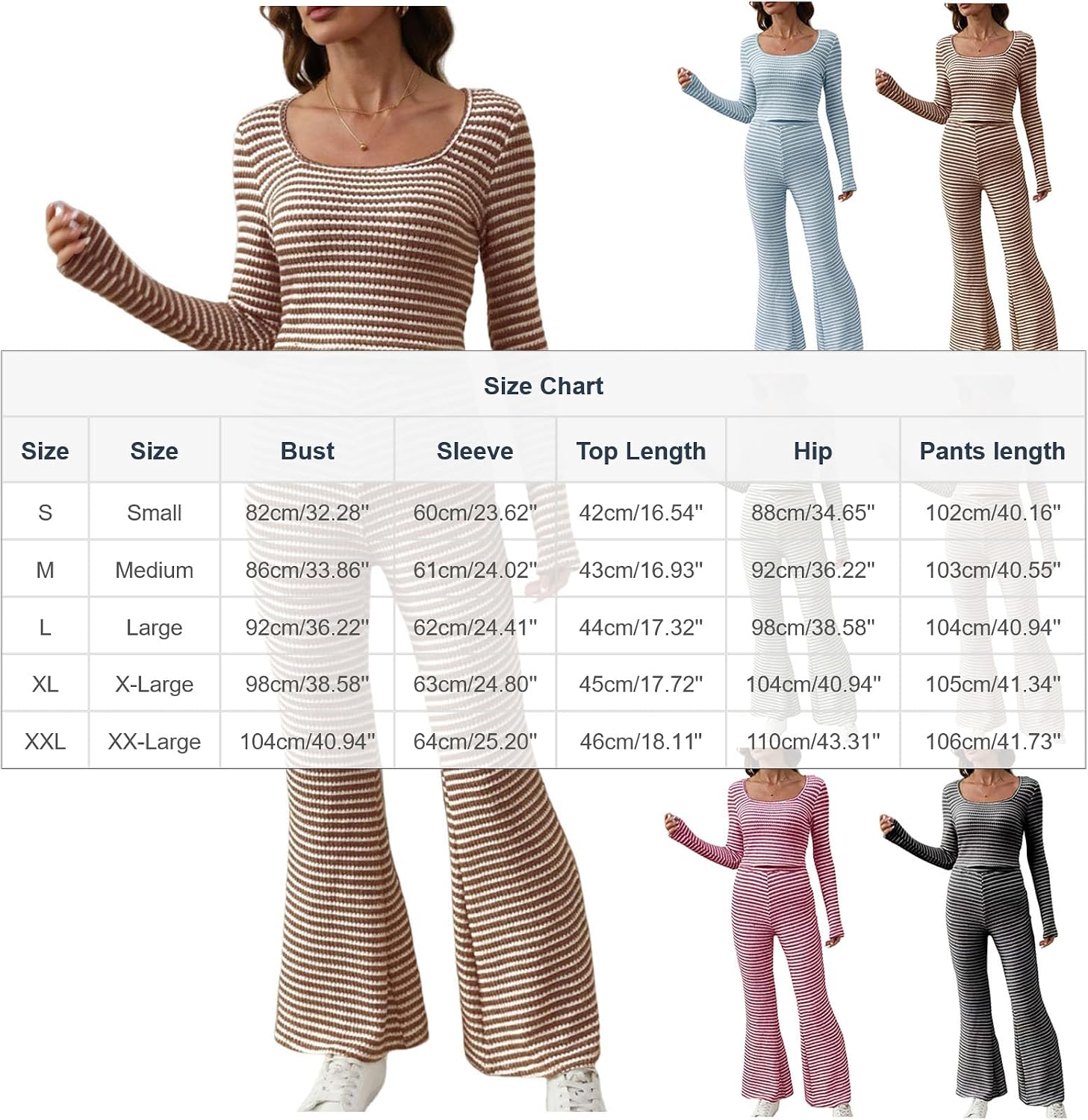 Womens Pajama Sets Striped Slim Fit Scoop Neck Long Sleeve Pjs Soft Lounge Set 2 Piece Sleepwear with Flared Pants