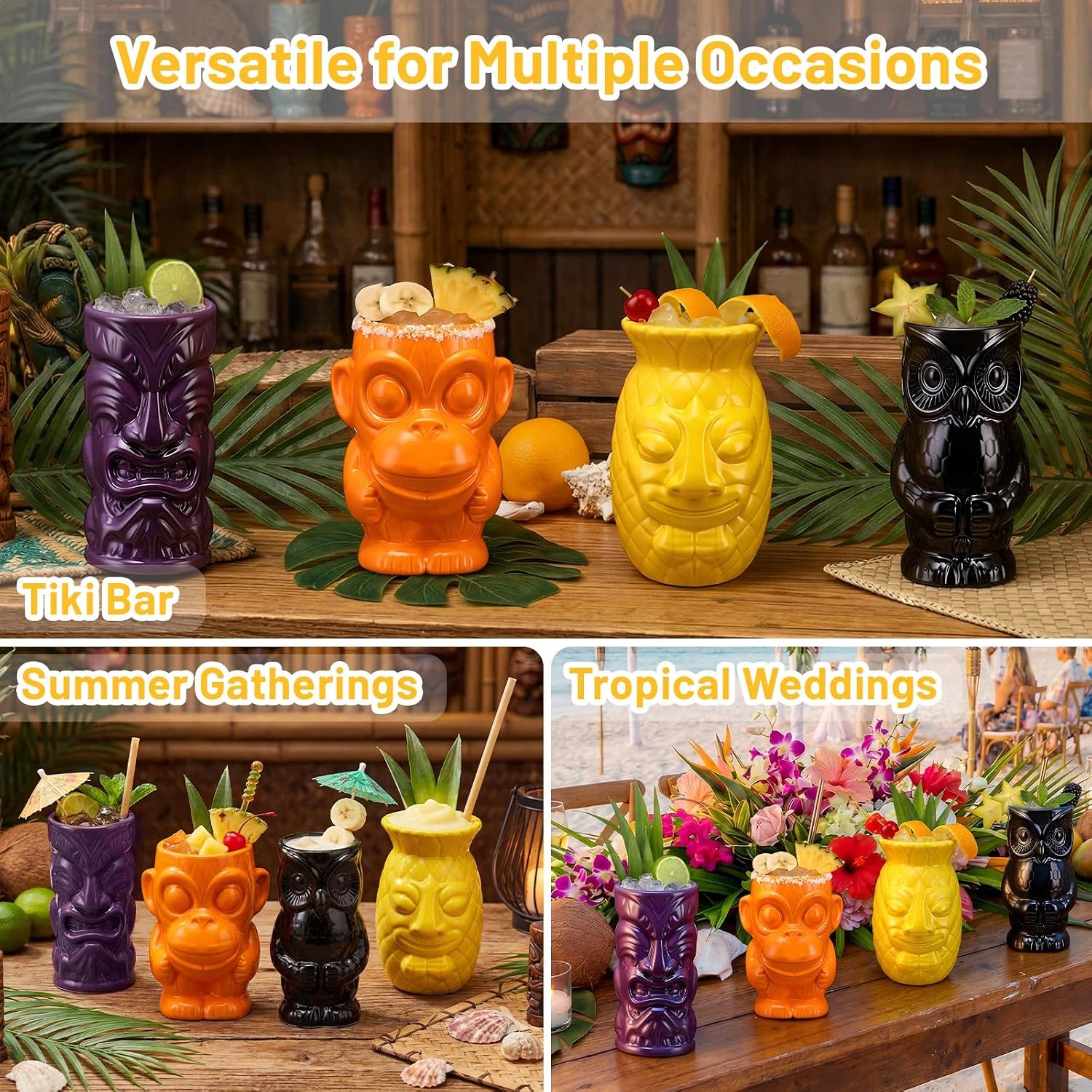 Yungyan 4 Pcs Ceramic Tiki Mugs for Cocktails Tiki Cups for Party Hawaiian Cups Tropical Drinkware for Luau Exotic Party Barware Home Bar Decoration (Innovative Styles)