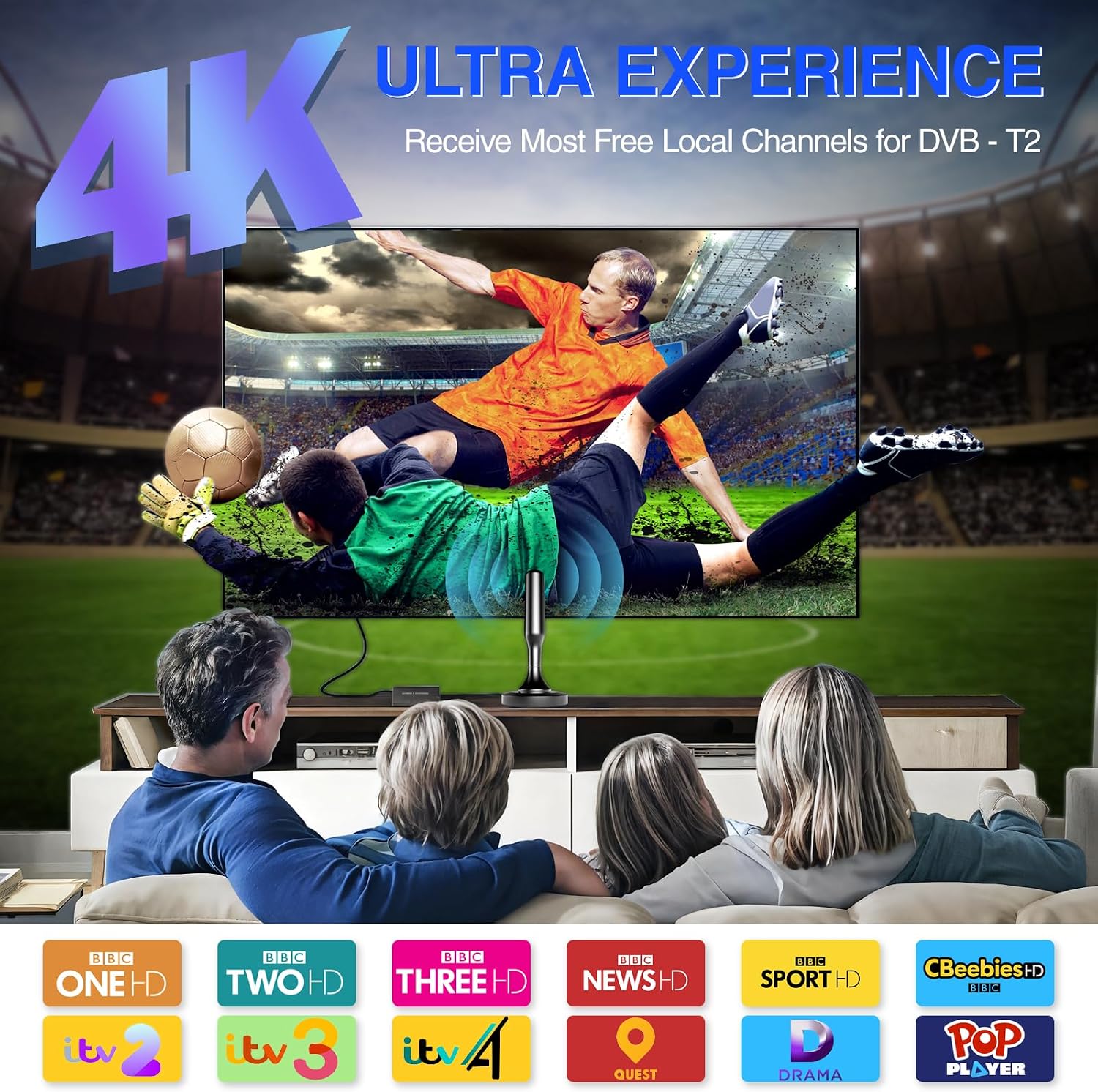 Indoor TV Aerial with Strong Signal Booster - Portable TV Ariels Indoor for Freeview HD, Smart TVs 4K 1080P, DVB-T2 Digital Antenna with Magnetic Base & 16.4ft Coaxial Cable(Baseball bat01) - 2