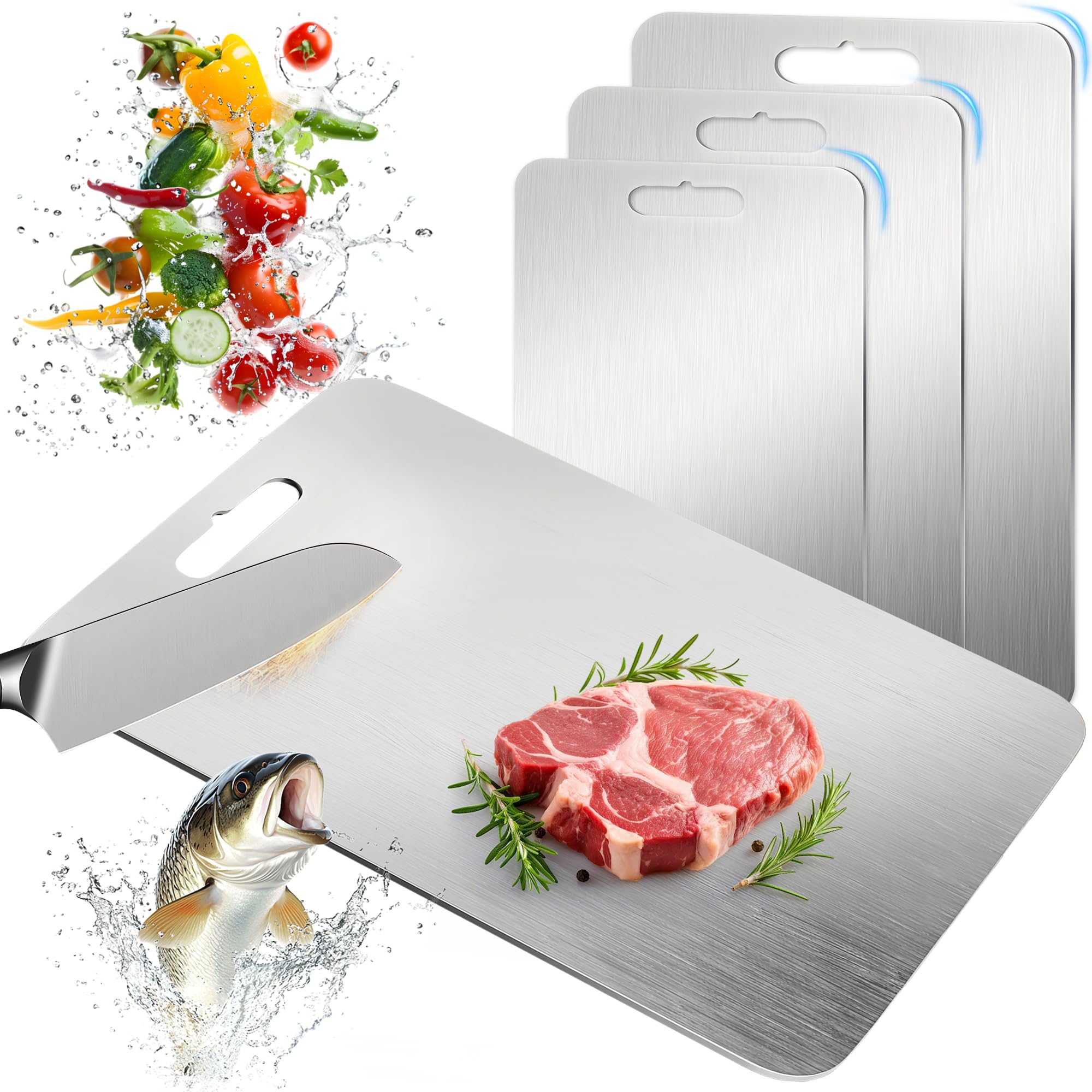 BOYUNSHI 3 Stück Titan Schneidebrett, Edelstahl Titanium Cutting Board Doppelseitiges Lebensmittel Grade Schneidebrett für Fleisch, Brot, Gemüse & Obst
