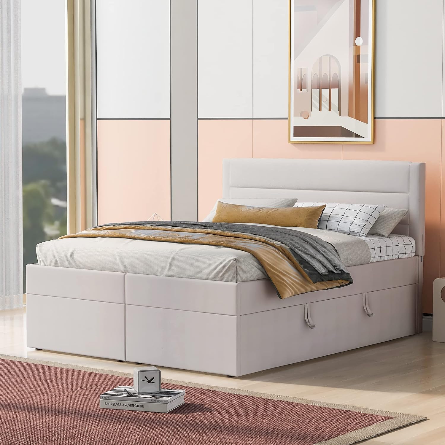 Lift Up Storage Bed Queen Size, Linen Upholstered Platform Beds with Tufted Headboard, Modern Queen Bed Frame with a Hydraulic Storage System and Slat Support, No Box Spring Needed, Beige