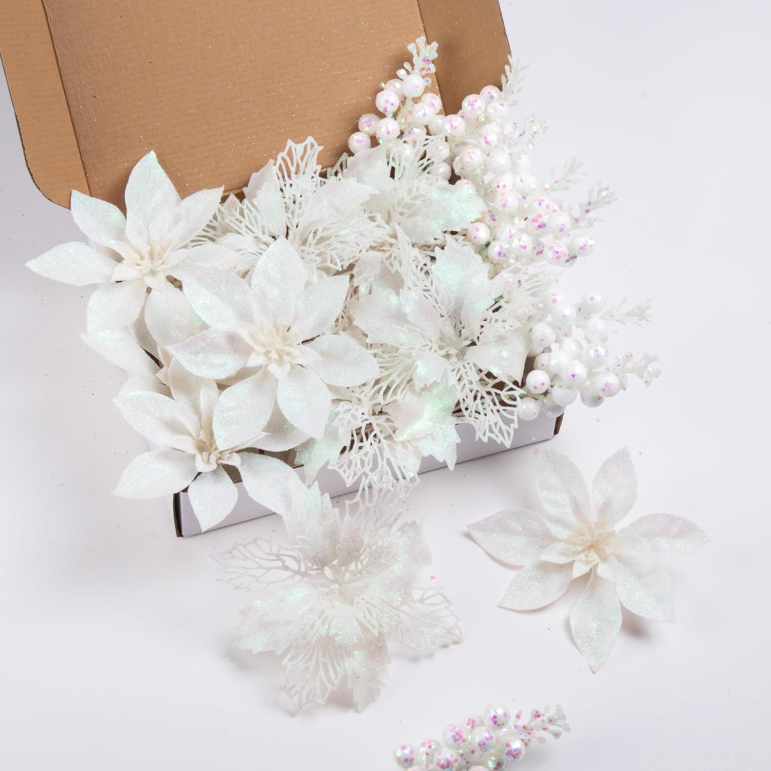 24Pcs White Glitter Poinsettia Christmas Tree Ornaments and Glitter Berries Stems, 16Pcs Christmas Artificial Flowers and 8 Pack Christmas Tree Picks for Wedding Holiday Decorations