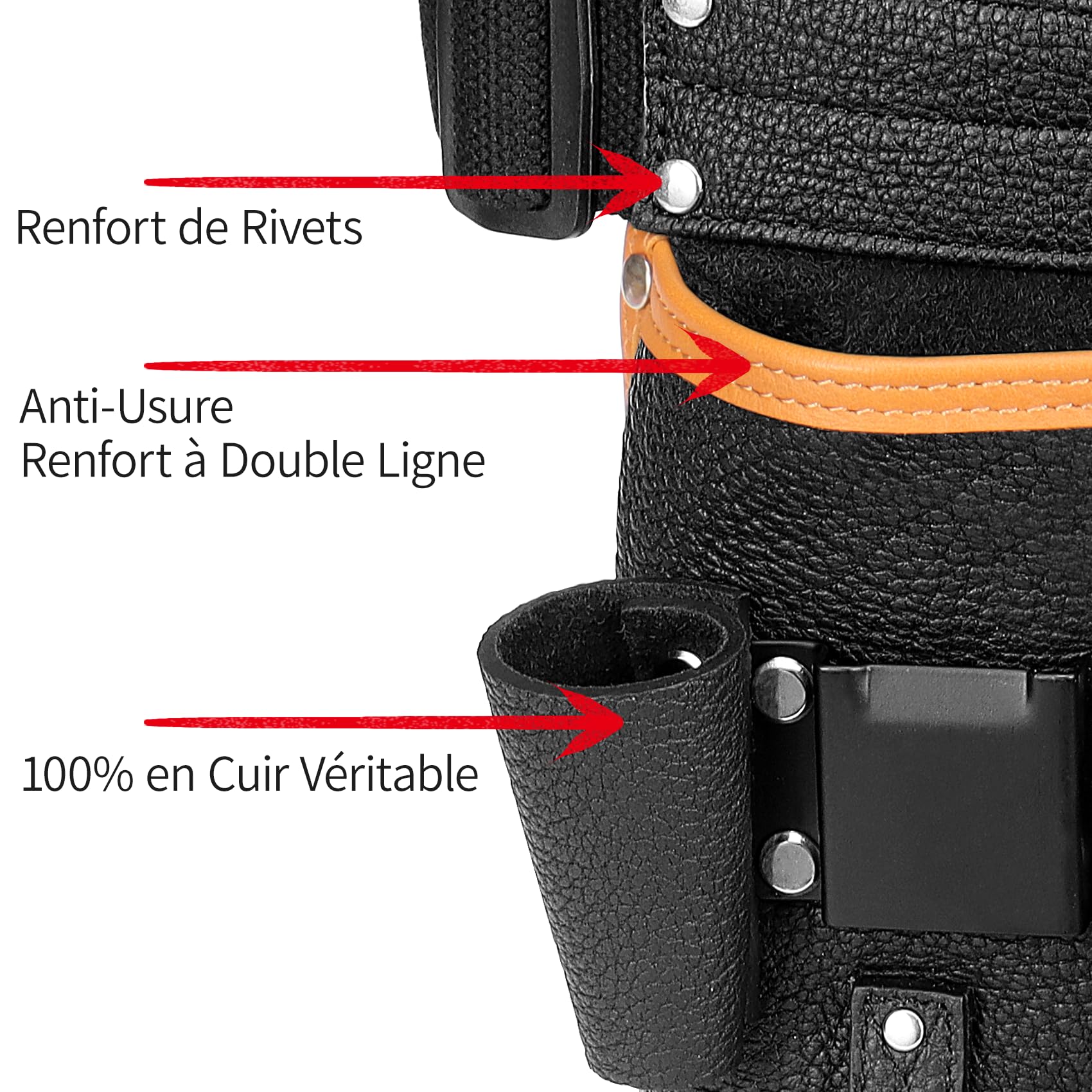Ceinture Porte Outil Bricolage,Ceinture de Travail Homme Chantier,Sacoche Outils pour Électriciens,Préposés à L'entretien,Constructeurs,Encadreurs,Cuir Véritable,Noir