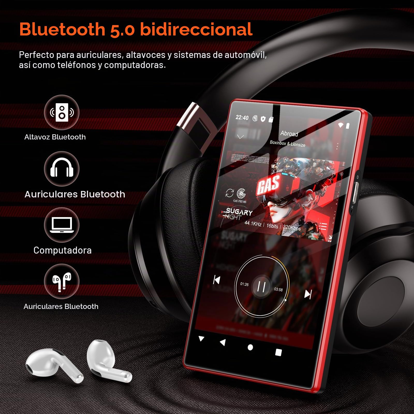 160GB Reproductor MP3 con Bluetooth y WiFi, Oilsky 5" MP4 Player HD con Spotify, Audible, Amazon Music, Deezer, Reproductores Música Android 13 con Pantalla Táctil y Altavoz