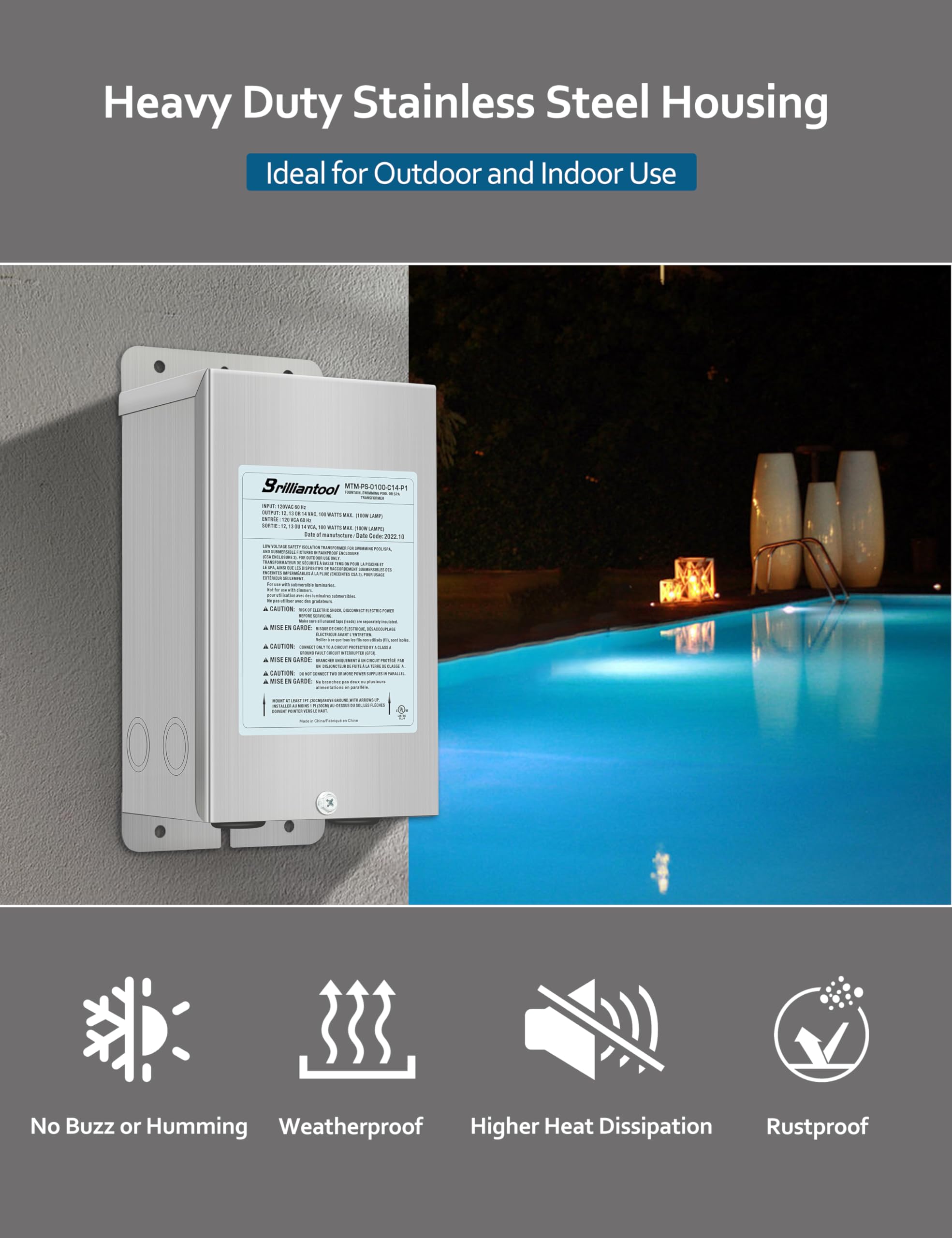Transformador de luz para piscina con carcasa de acero inoxidable, 200 W, convierte 120 V CA a 12 V/13 V/14 V CA, transformador multienchufe resistente a la intemperie