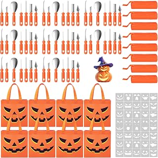 Lothee 152 Pcs 8 Set Halloween Pumpkin Carving Kit, Carving Tools with Storage Bag, Drawing Stencils, Trick or Treat Pumpkin Candy Tote Bag, Halloween Party Gift Decoration (Classic Style)