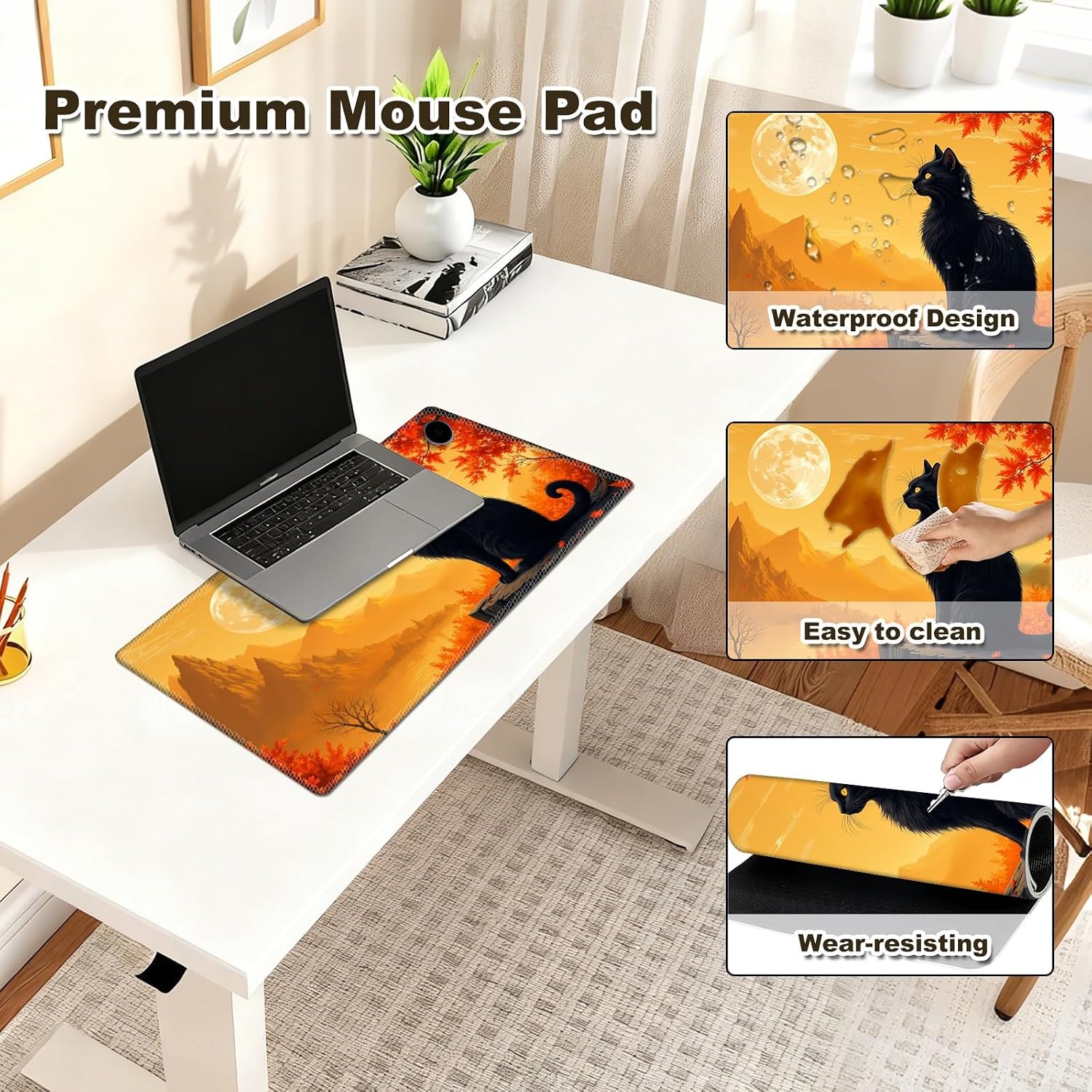 Heated Desk Pad Moon Black Cat Gaming Mouse Pad Warm Desk Mat with 3 Levels Heating 23.6" x 14.2" PU Leather Foot Warmer Pad for Home Office Work