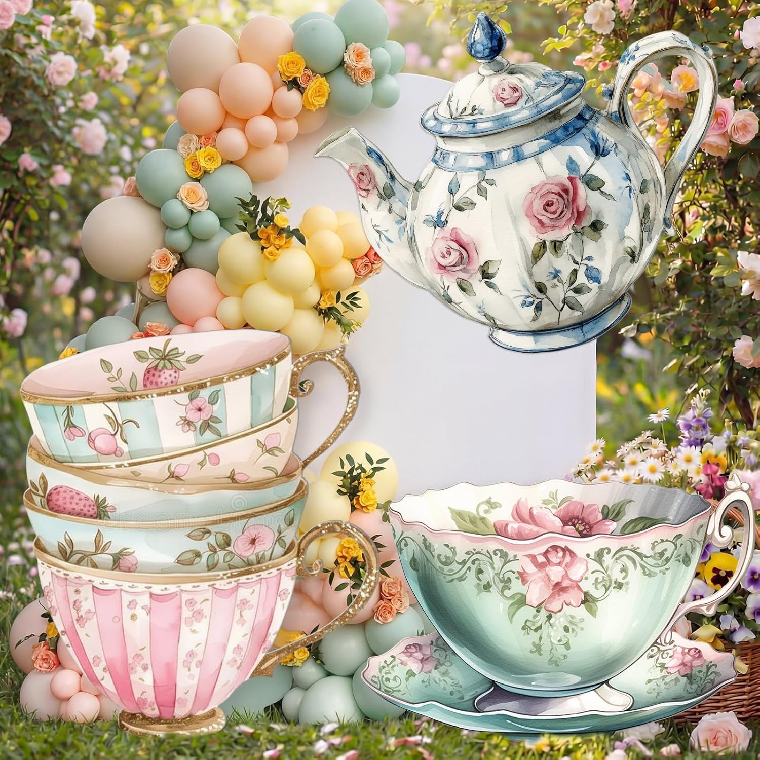 Amyhill 3 Pcs Large Wonderland Tea Party Decorations Wonderland Garden Yard Sign Teapot Teacup Tea Bowl Cardboard Cutout Stand Vintage Garden Photography Props for Birthday Wedding Bridal Shower Decor