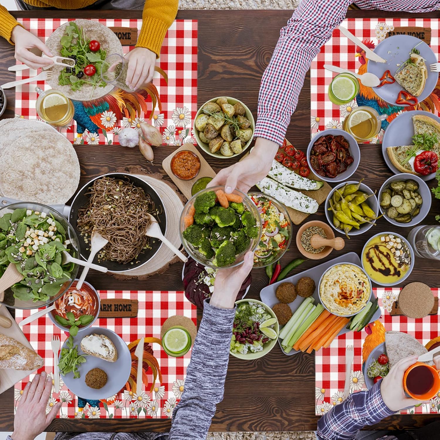 Farmhouse Chicken Daisy PVC Placemat Set of 6 Non-Slip Heat-Resistant Washable PVC Table Mats Red Buffalo Plaid Vinyl Place Mats for Kitchen Dining BBQ Kids Patio Party Table