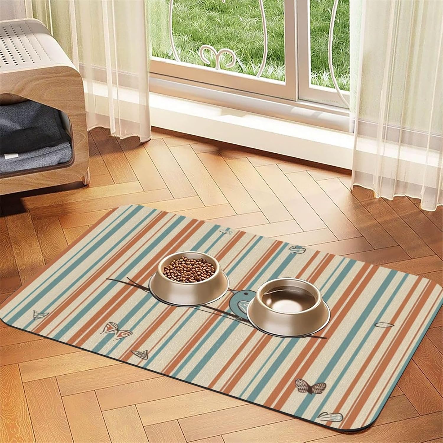 Pet Feeding Mat Absorbent Quick Dry Dog Food Mats Cute Non-Slip Rubber Pet Feeding Rug Love Birdie Stripe Cat Water Bowl Mats Pet Placemat for Food Water 40x60cm