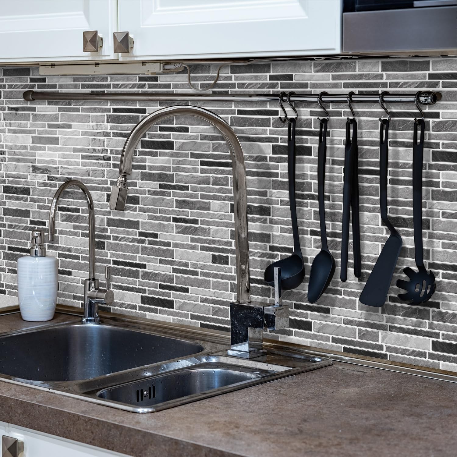 VICCI 12-Sheets Peel and Stick Tile Decals 12”×12” Stick on Backsplash for Kitchen, Wall Stickers Vinyl Waterproof Self-Adhesive for Bathroom Laundry Room (Black & Grey)