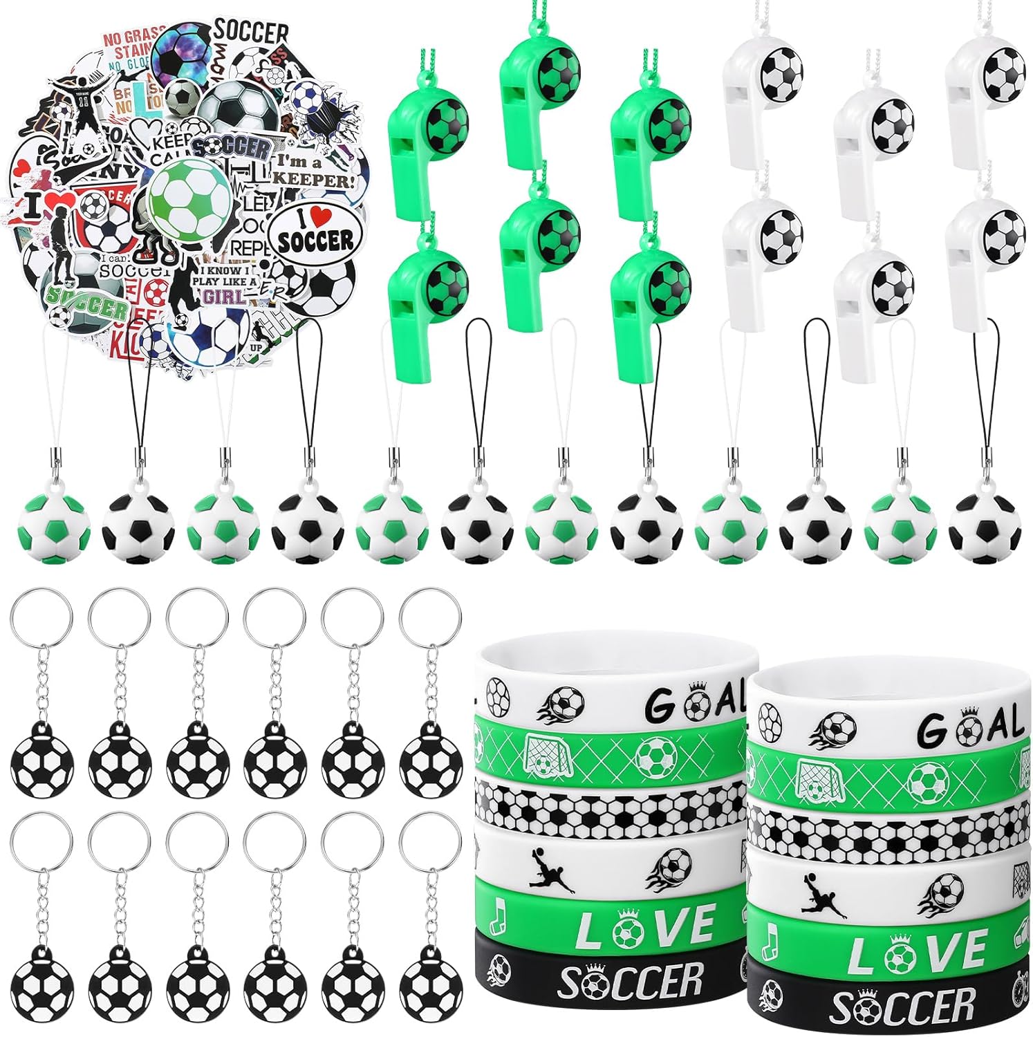 Aoriher 120 Pcs Soccer Party Favors Set Soccer Goodie Bags Stuffers Mini Ball Toys Stickers Whistle Silicone Bracelet Luminous Tattoo Keychain Team Sport Birthday Gifts Party Supplies and Decorations