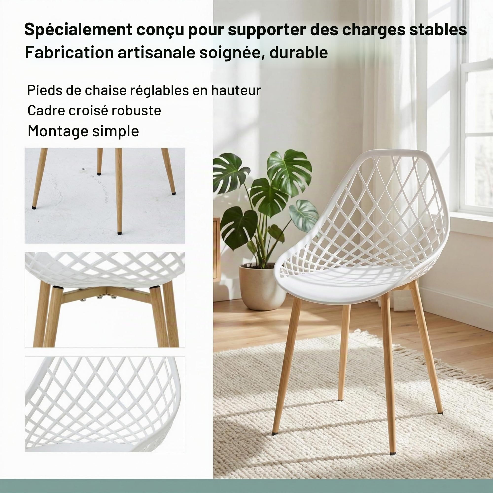 Lot de 4 chaises de bistrot avec Assise en polypropylène et Cadre en métal pour Balcon, pelouse et Bord de Piscine, Blanc