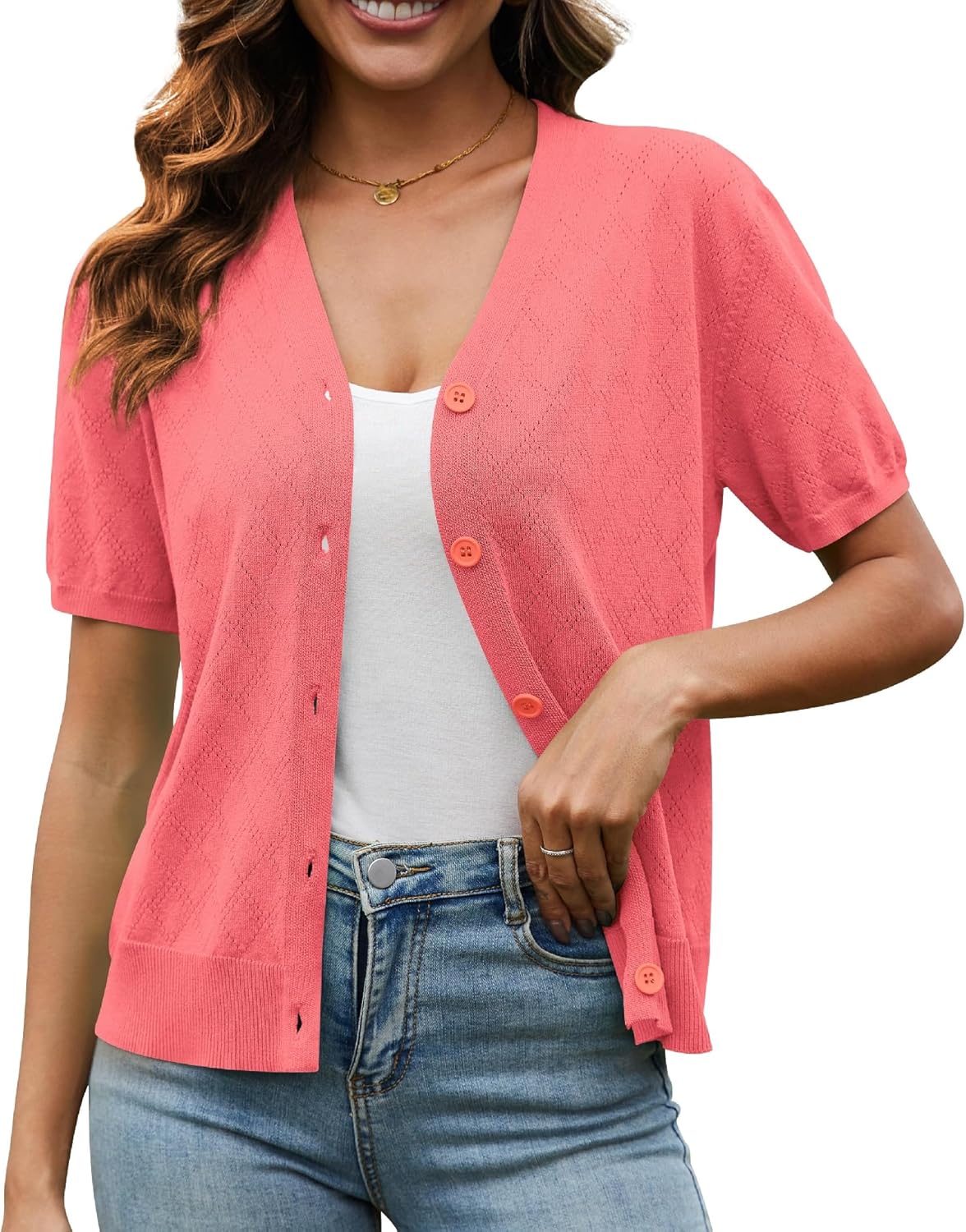VIISHOW Short Sleeve Lightweight Summer Cardigan for Women, Button Down Open Front V Neck Crochet Knit Cropped Bolero Shrugs - Image 3