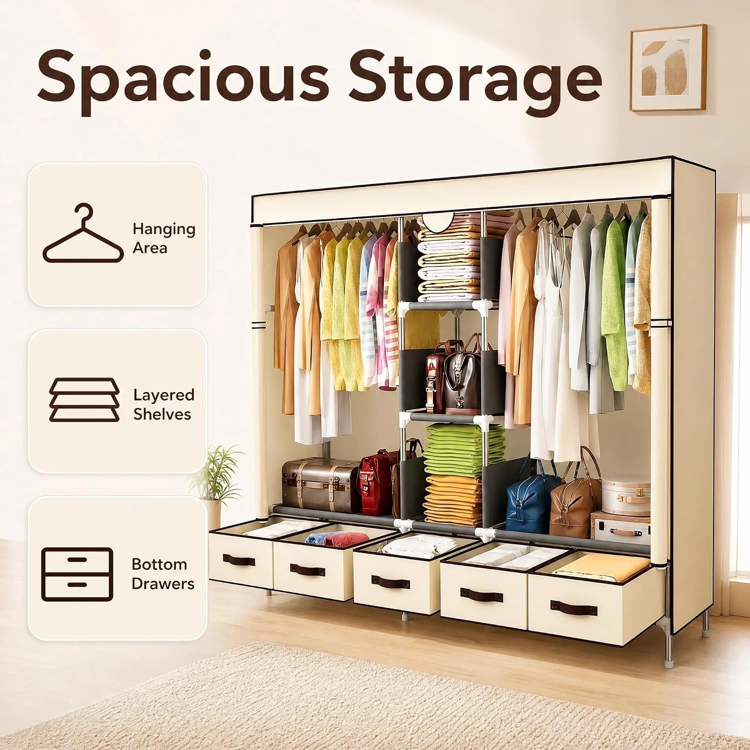 Portable Fabric Closet with 5 Drawers, 72.8x17.7x67.7 Inch Sturdy Clothing Storage Organizer with Hanging Rod, Non-Woven Wardrobe for Bedroom Dorm Apartment (Beige)