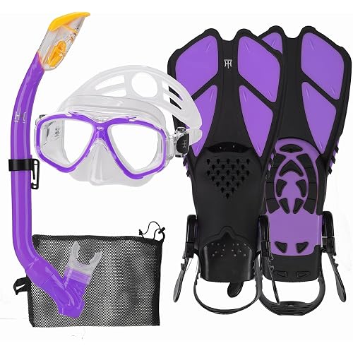 Kids Mask Fins Snorkel Set Snorkeling Packages, with Diving Mask, Snorkel, Adjustable Swim Fins, Mesh Bag, Anti-Fog Anti-Leak Snorkeling Gear for Kids for Snorkeling Swimming Diving