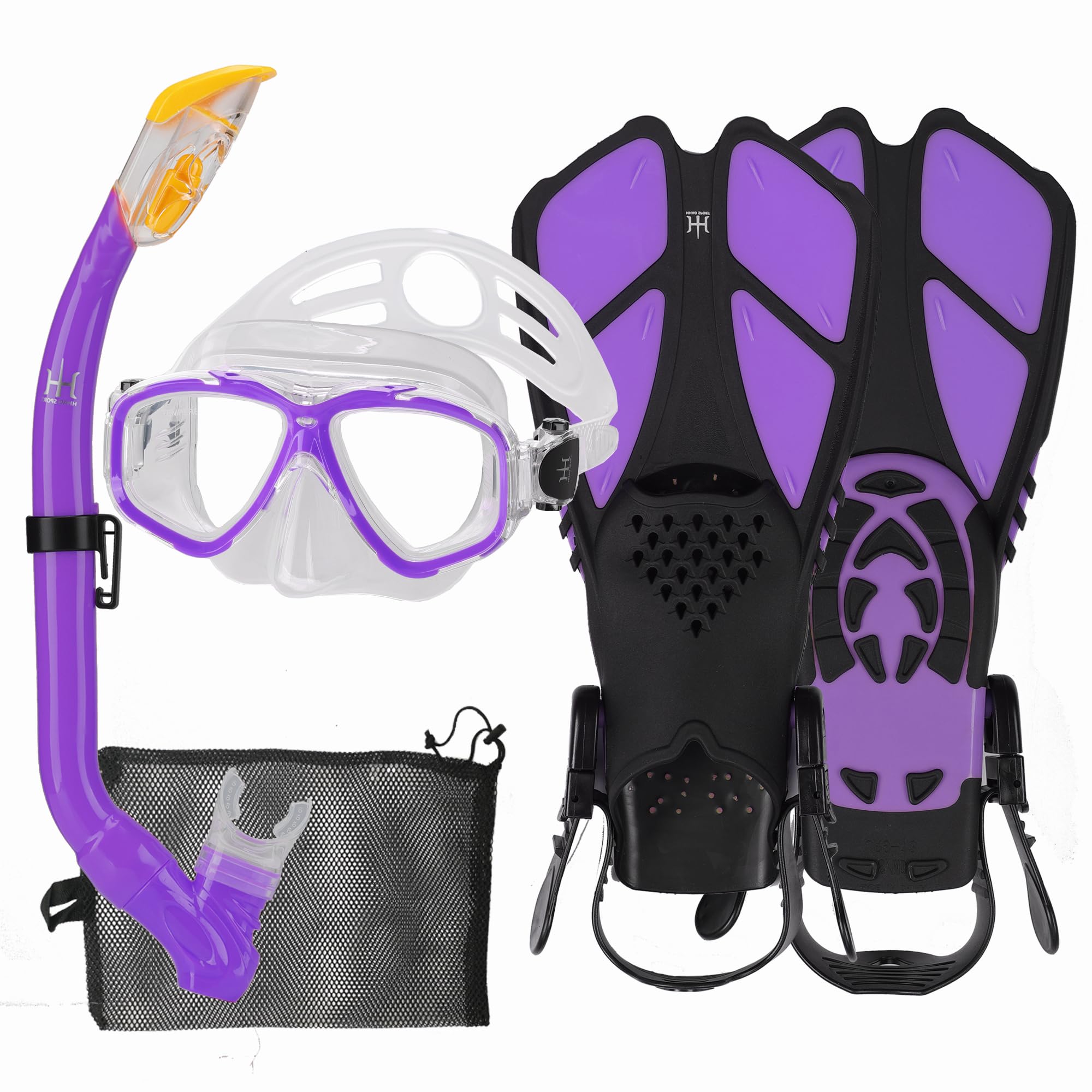 HH HHAO SPORT Schnorchelset Kinder mit Flossen, 180° Panorama Weitblick Taucherbrille Kinder, Verstellbaren Schwimmflossen, Hochwertige Tauchermaske und Dry Top Schnorchel