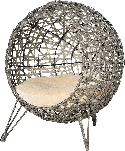 Pawhut Woven Rattan Wicker Elevated Cat Bed House Kitten Pussy Basket Ball Shaped Pet Furniture w/Removable Cushion Smoky Grey 52 x 52 x 58 cm