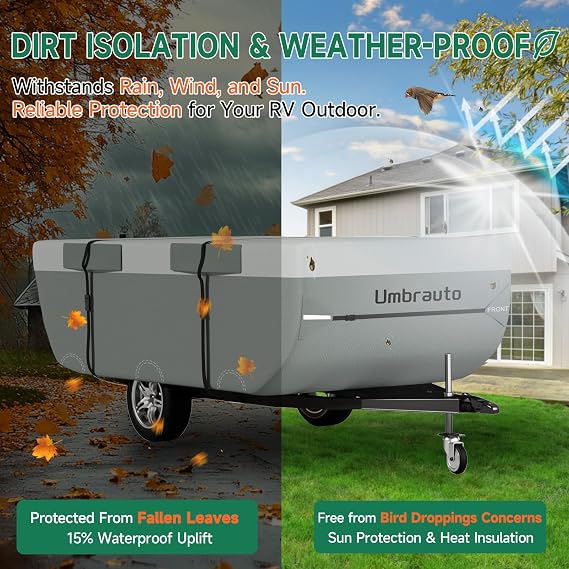 Umbrauto Pop Up Folding Camper Cover Upgraded 7 Layers Top Tent Trailer Cover Waterproof Extra Thick Polypropylene Breathable Ripstop Anti-UV Pop Up Folding Trailer Cover Fits 8' - 10' Trailers