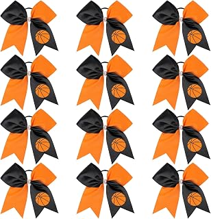 12 PCS Basketball Cheer Bows 8" Large Hair Bows Ponytail Holders for Girls Cheerleader Game Day Sports Team Spirit Accessories Handmade Glitter Streamer Hair Ribbons Bulk