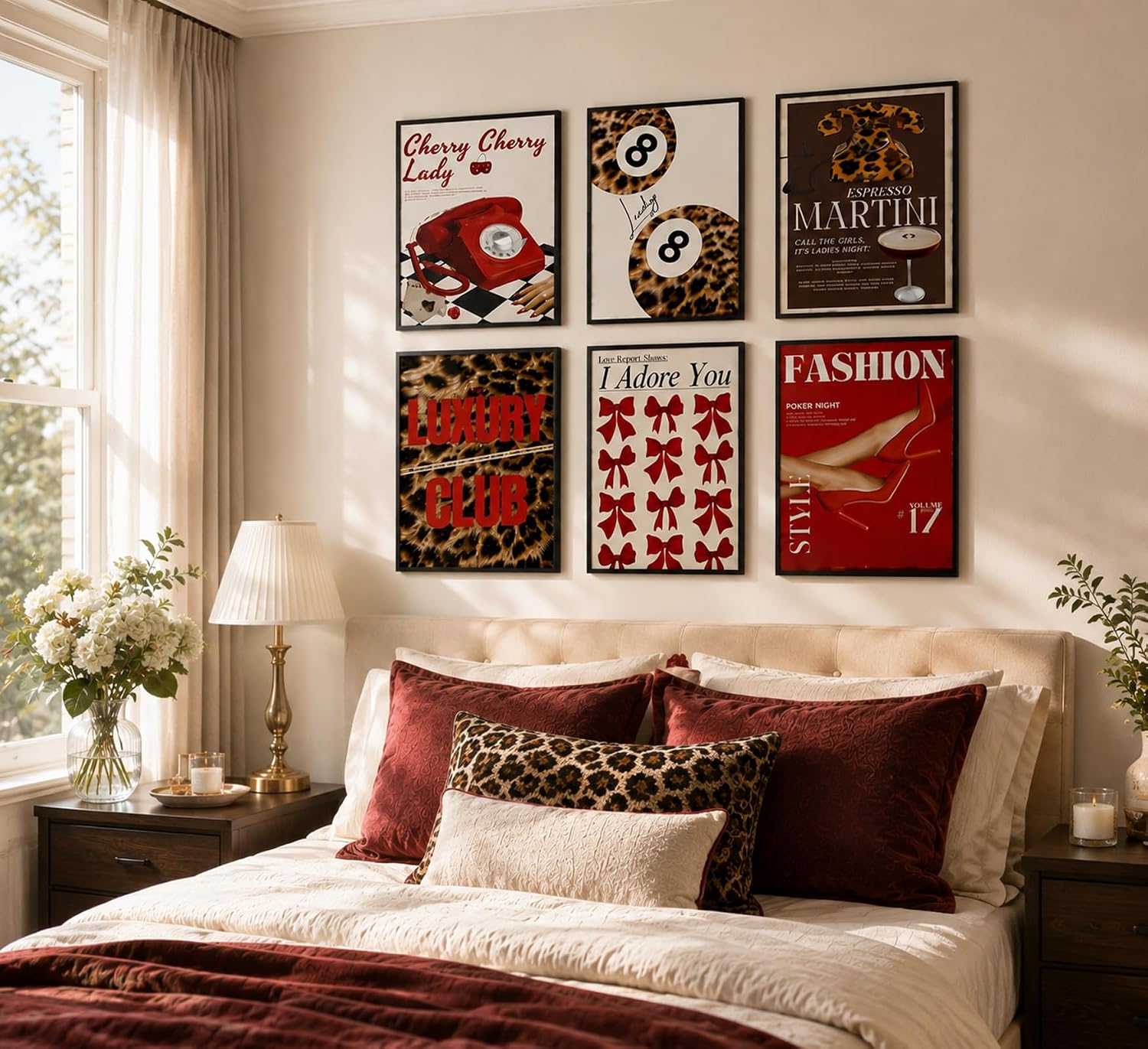 6Pcs Trendy Leopard Wall Art Gallery Girly Prints Red Fashion Wall Canvas Pictures Preppy Funky Aesthetic Lucky Decor posters prints for Girly Bedroom Dorm Apartment Living room Decorations Unframed image 5
