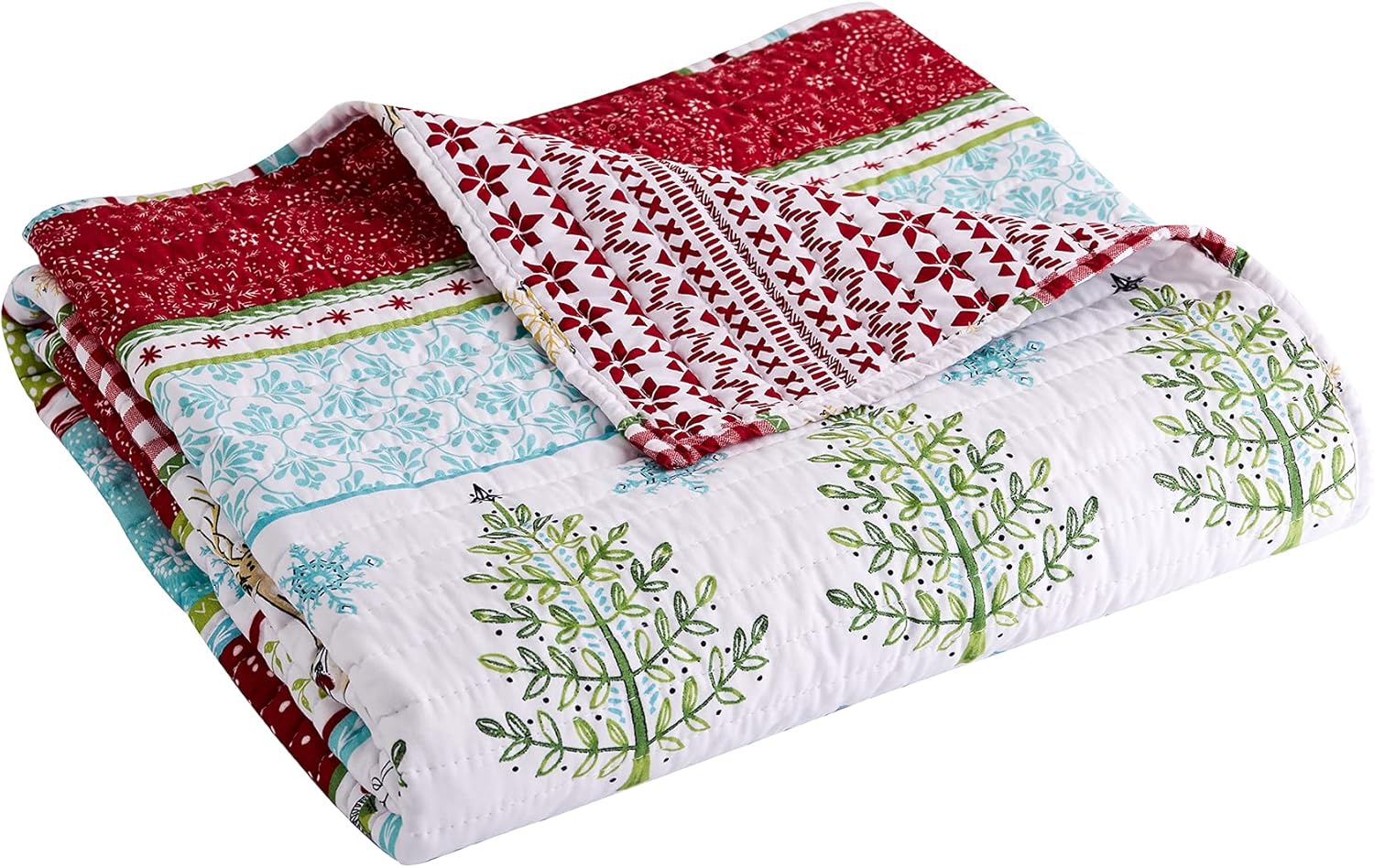 Levtex Home Merry & Bright Collection - Comet and Cupid Quilted Throw - 5x6in. - Holiday Deer and Christmas Trees - Red Green White Teal - Quilt 5x6in. - Reversible - Poly