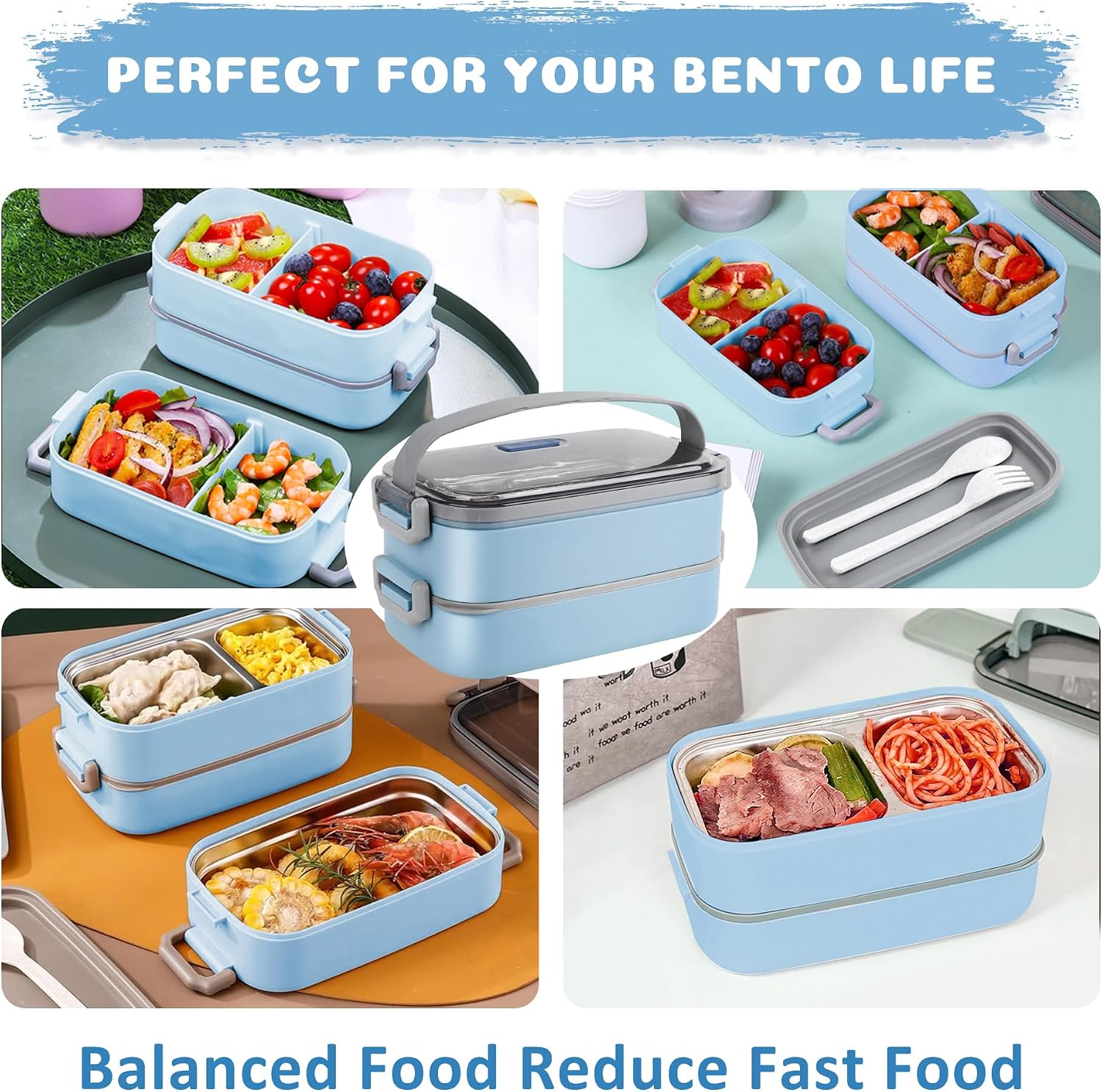 Bento Lunch Box for Kids Women Men, 47oz 2-Compartment Snack Salad Food Prep Pack Container for Lunch, Stainless Steel 2 Layers Stackable Lunch Containers for Adults and Teens Light Blue
