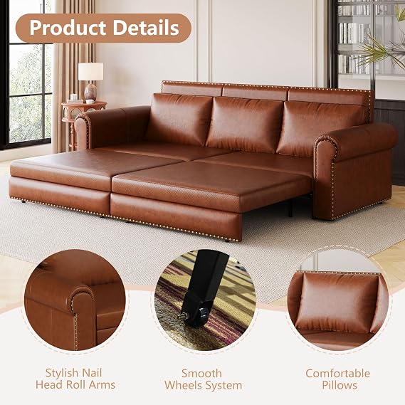 Tmsan 93.7 King Pull Out Sofa Bed, 3 in 1 Convertible Sleeper Sofa, 3 Seat Couch with Nailhead Trim & Rolled Arm for Living Room, Apartment, Office, Brown PU Leather