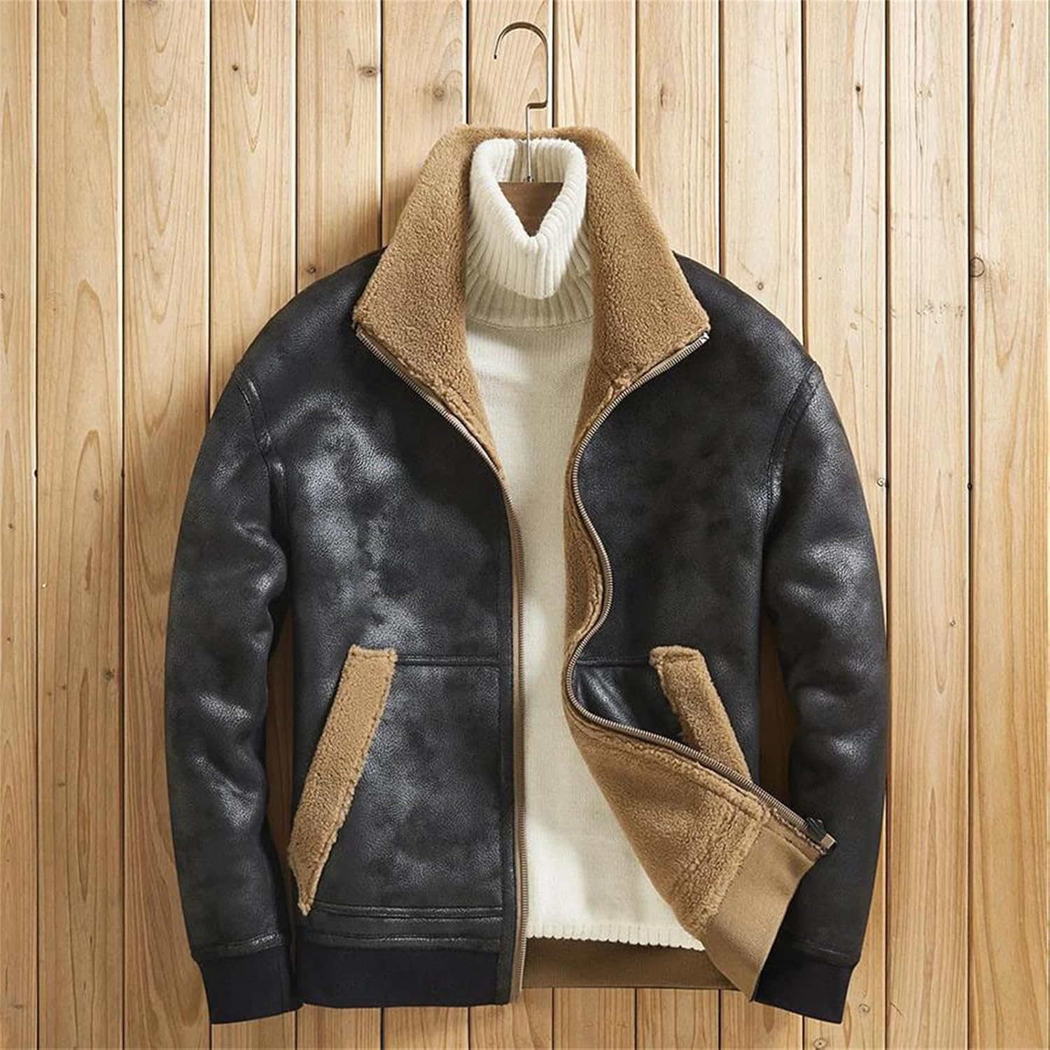 Men's Reversible Faux Leather Shearling Coat Warm Thick Faux Fur Collar Bomber Jacket Winter Fashion Soft Outwear