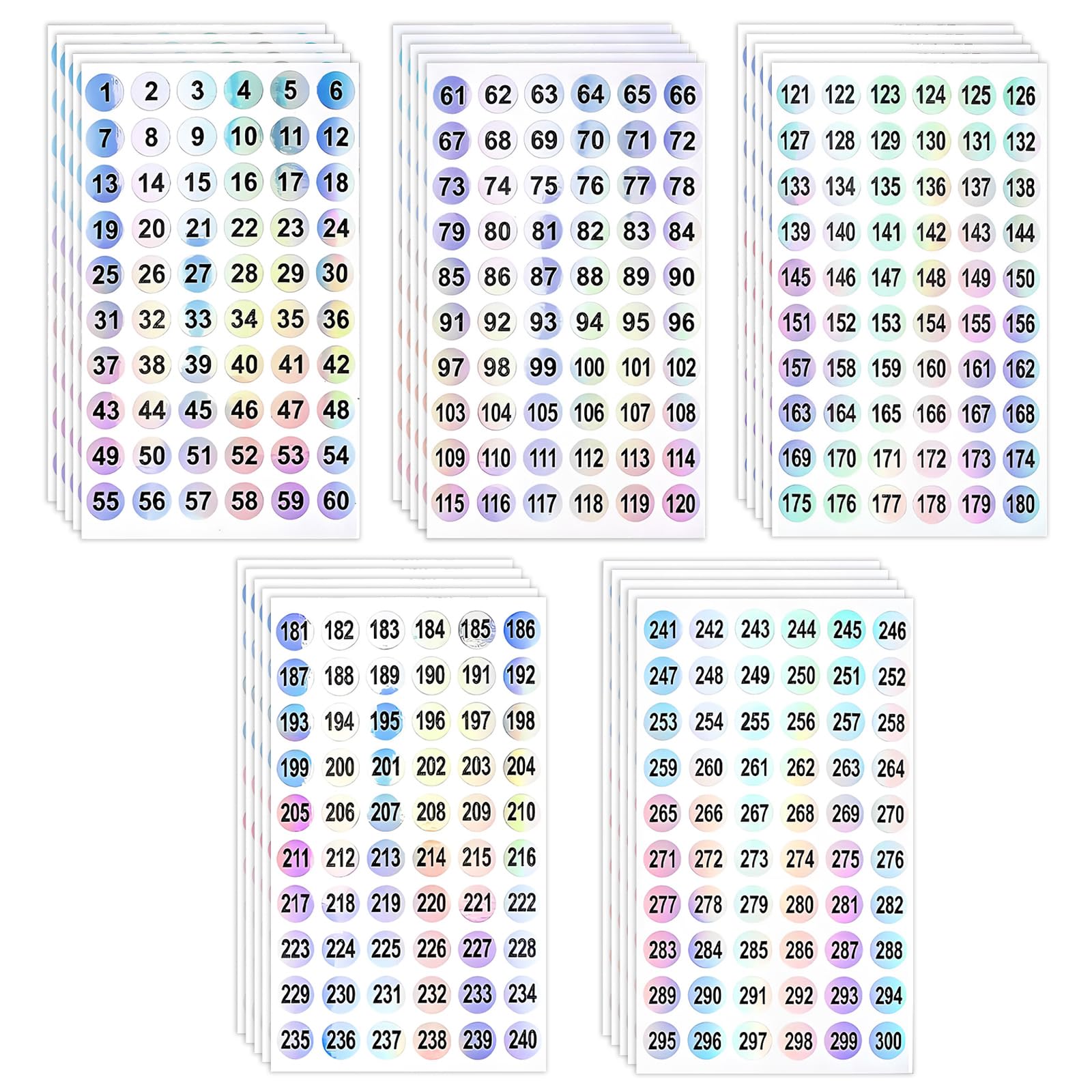 Yytol Multi-Coloured Small Number Stickers 1-300, 25 Sheets 0.4 Inch Consecutive Self Adhesive Sticky Numbered Stickers Label For Storage Inventory