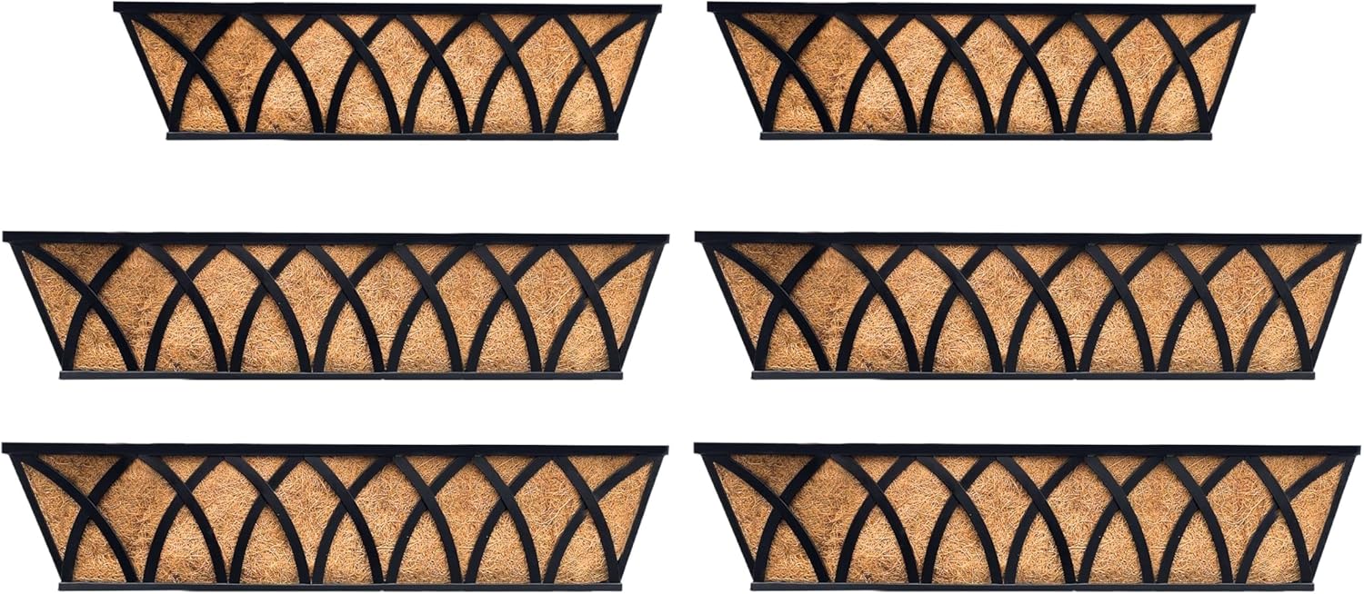 LaLaGreen Bundle- 2 Pack, 24 Inch + 4 Pack, 30 Inch Rectangular Metal Basket with Coco Liner Large Window Hanging Flower Boxes Attach House Outdoor Rail Deck Patio Porch Black Horse Trough Plant Decor