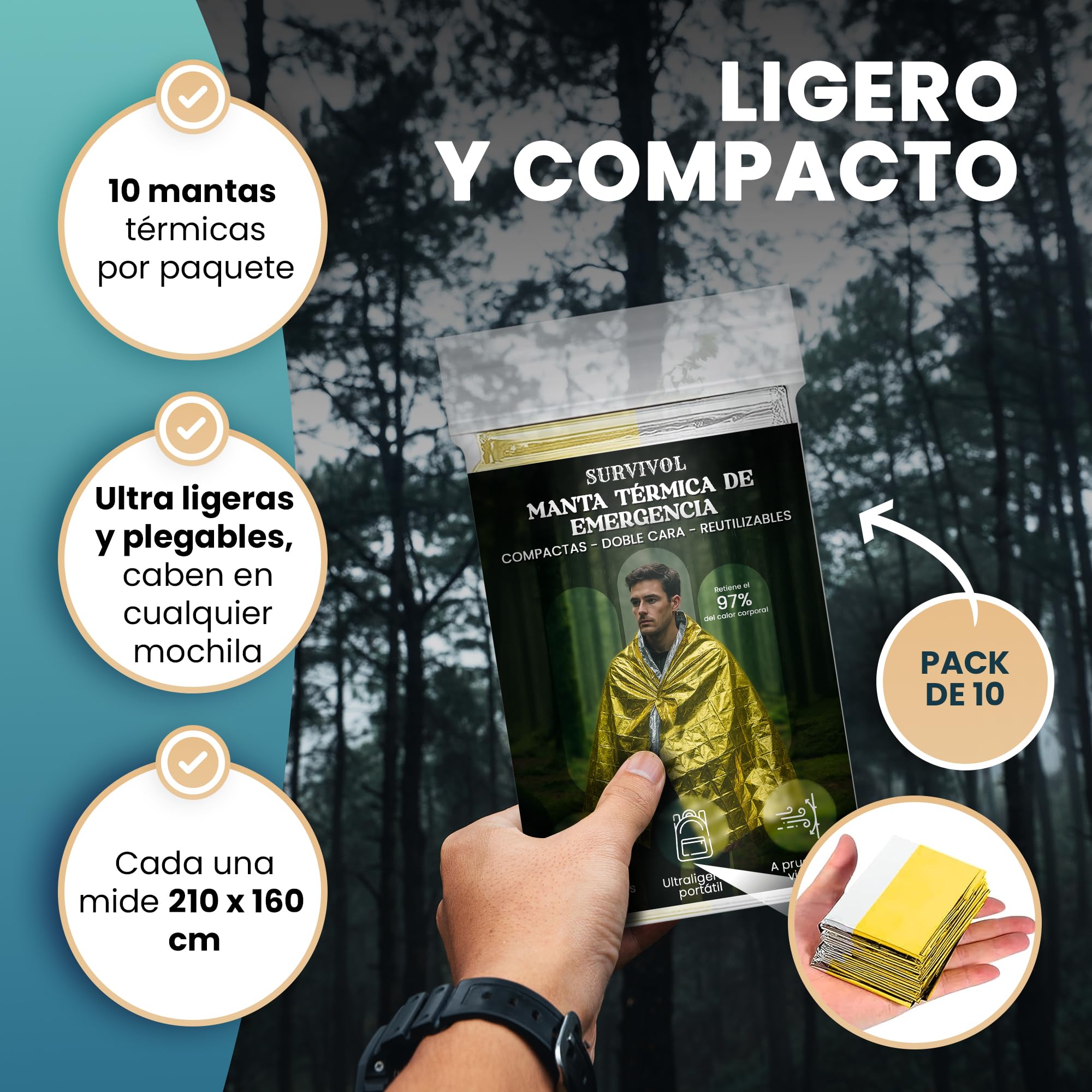 Pack 10 Mantas Termicas Supervivencia - Mantas Calor Termico de Emergencia de Aluminio - Emergency Blanket para Kit Preparacionismo Mantener Calor, Anti Viento y Lluvia.