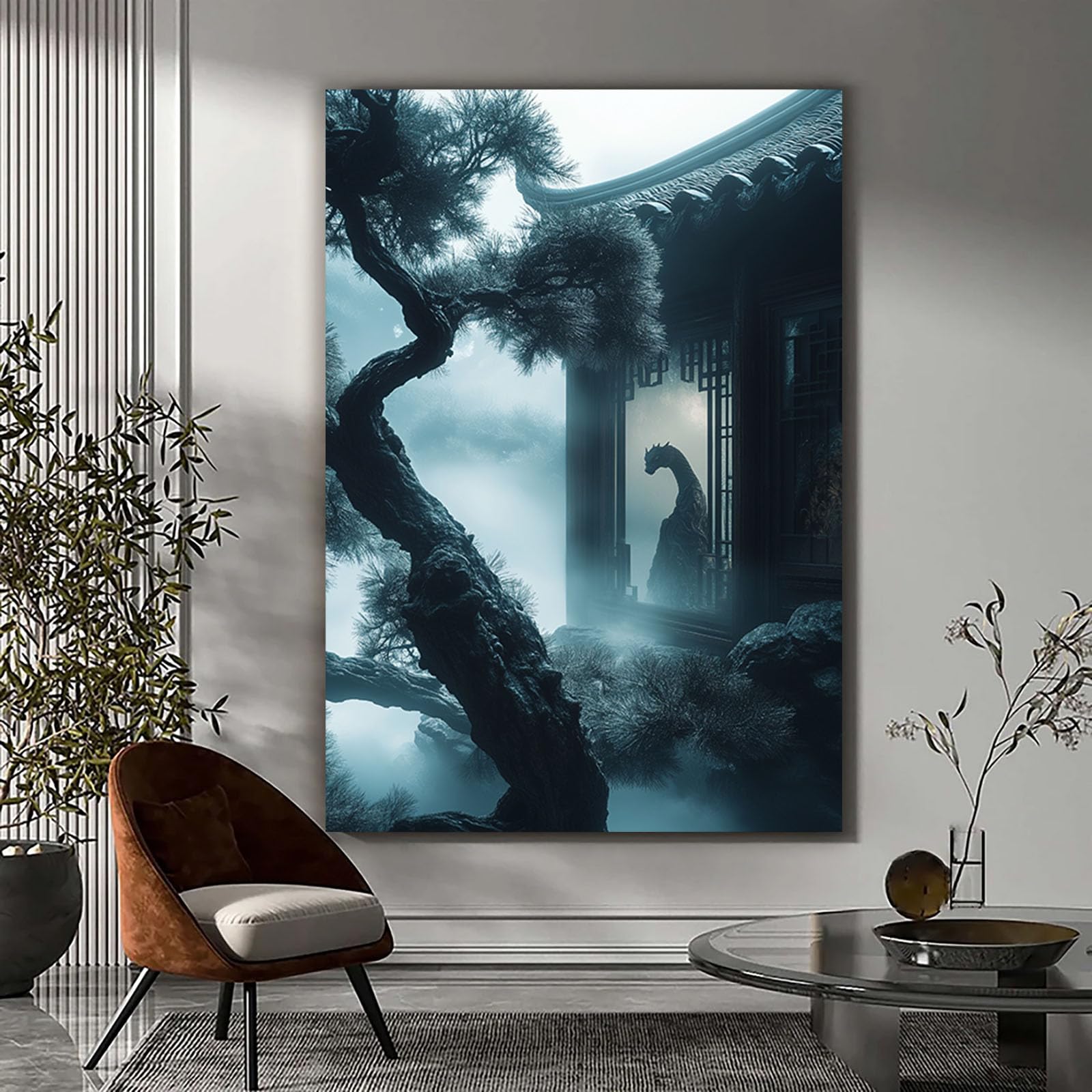 WUFIEA Azjatyckie płótno sztuka ścienna tradycyjna chińska mgiełka sosnowe pawilony do dekoracji domu biura salonu sypialni (Blu foschia) - 60 x 90 cm oprawione