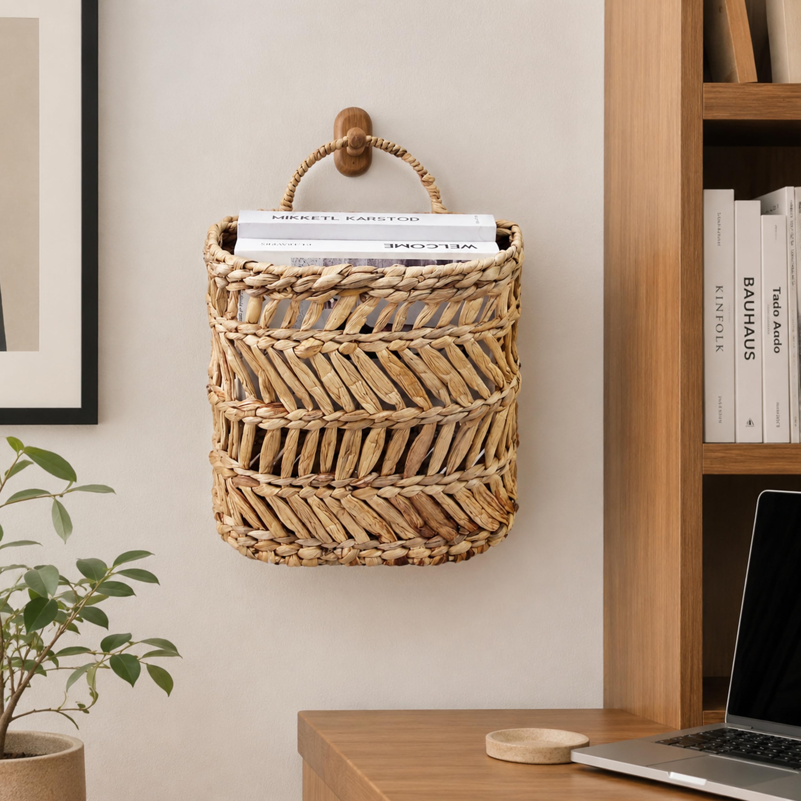 Cestino da appendere in vimini intrecciato fatto a mano cesto portaoggetti in vimini naturale cestini decorativi per decorazioni da parete, 12 x 5 x 12
