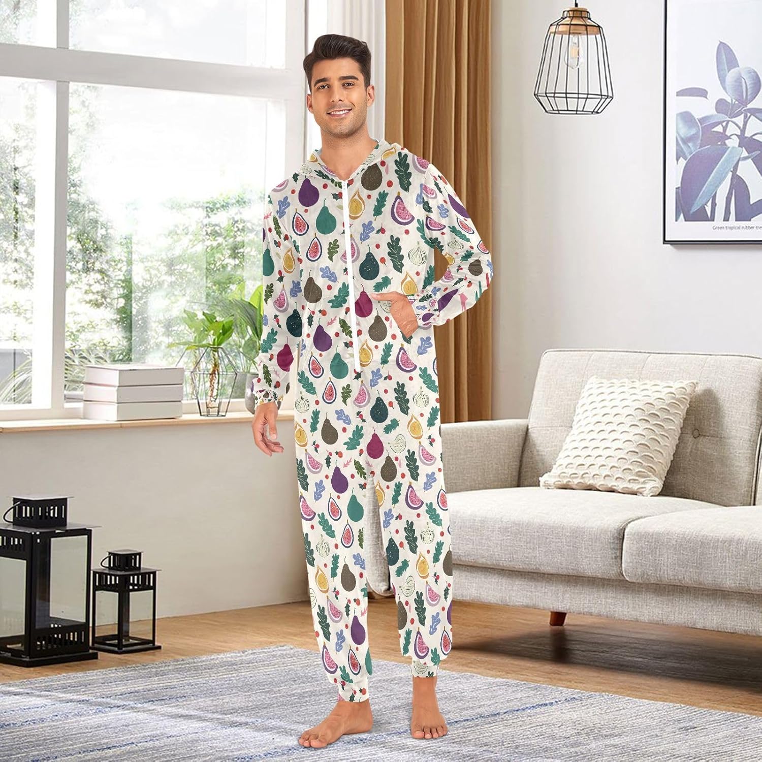ALAZA Fig Leaf Polka Dot Adult Onesie Unisex Pajamas One-Piece Costume Hooded Jumpsuit Sleepwear for Men Women