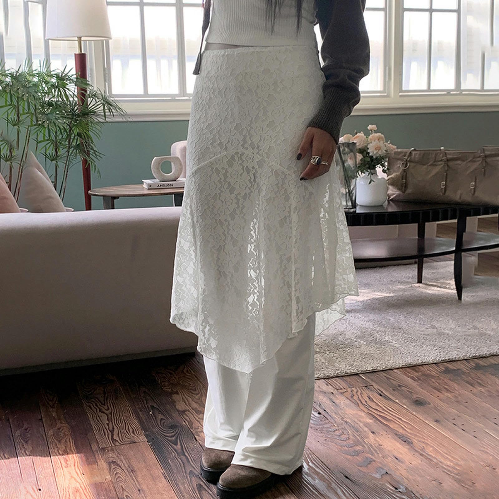 Generic Falda Irregular de Encaje Jacquard, Estilo Dulce y gentil, faldita Blanca versátil de Cintura Alta, Falda de Corte A de Largo Medio Que Cubre la Cadera-Blanco-S