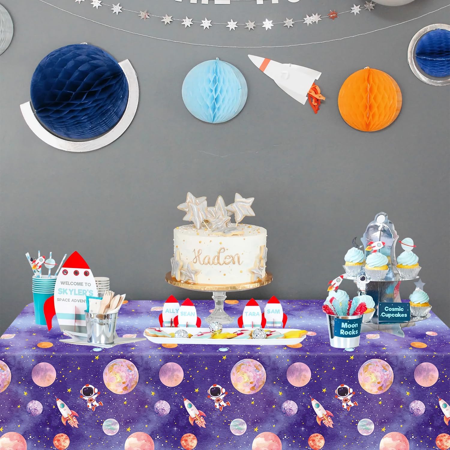 4 Pack Space Tablecloth Galaxy Table Cloth Rocket Astronaut Table Cover Spaces Planet Tablecover First Trip Around The Sun Decorations Space Themed Party Supplies Outer Spaces Party Decor 86 x 51 Inch