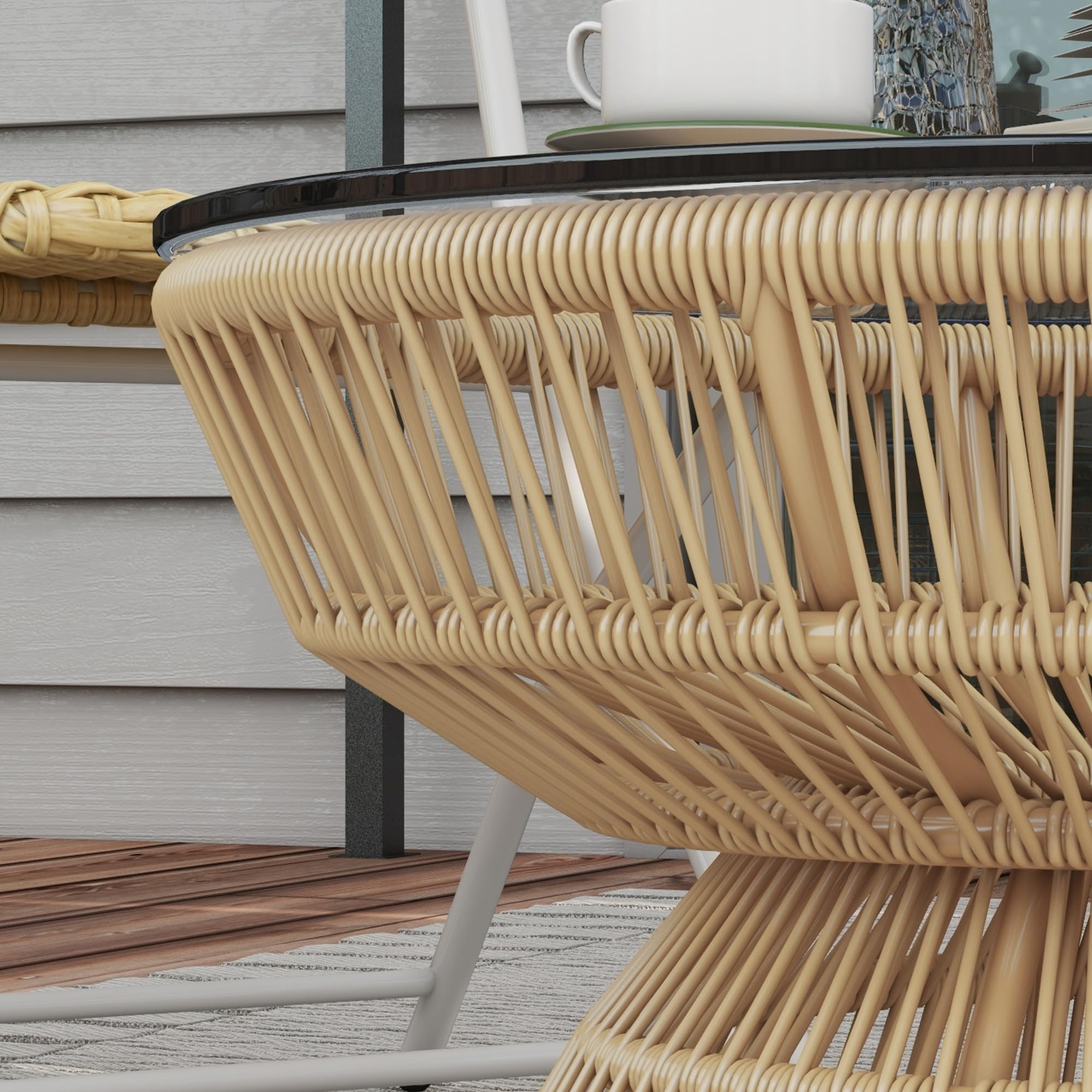 Outsunny Table Basse de Jardin Ronde, Table d'appoint en résine Aspect rotin et Plateau Verre trempé Ø60 x 37H cm Naturel