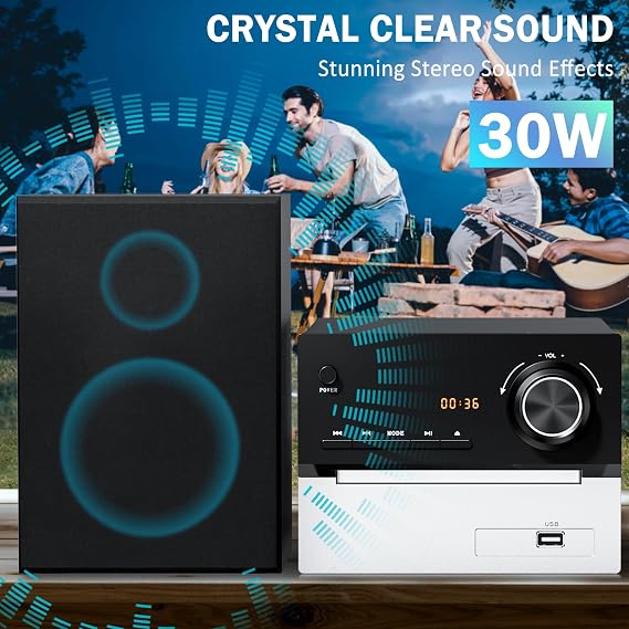 Bluetooth Stereo System for Home, CD Player with 2x15W Speakers, USB, AUX | Home Stereo System, USB, AUX Input, Remote Control Included, Compact & Portable, Black