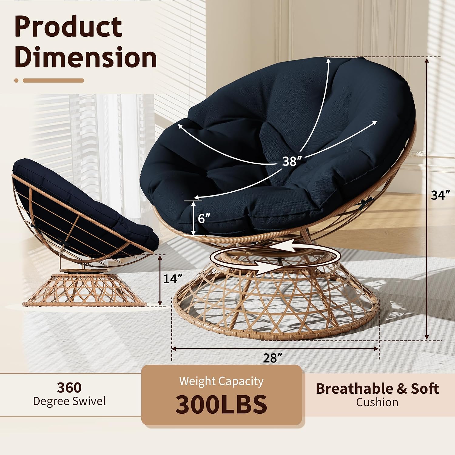 38" Papasan Chair with Cushion and Frame, 360 Degree Swivel Wicker Circle Chairs, Reading Chair, Comfy Living Room Chair for Living Room, Bedroom, Reading Room, Lounge