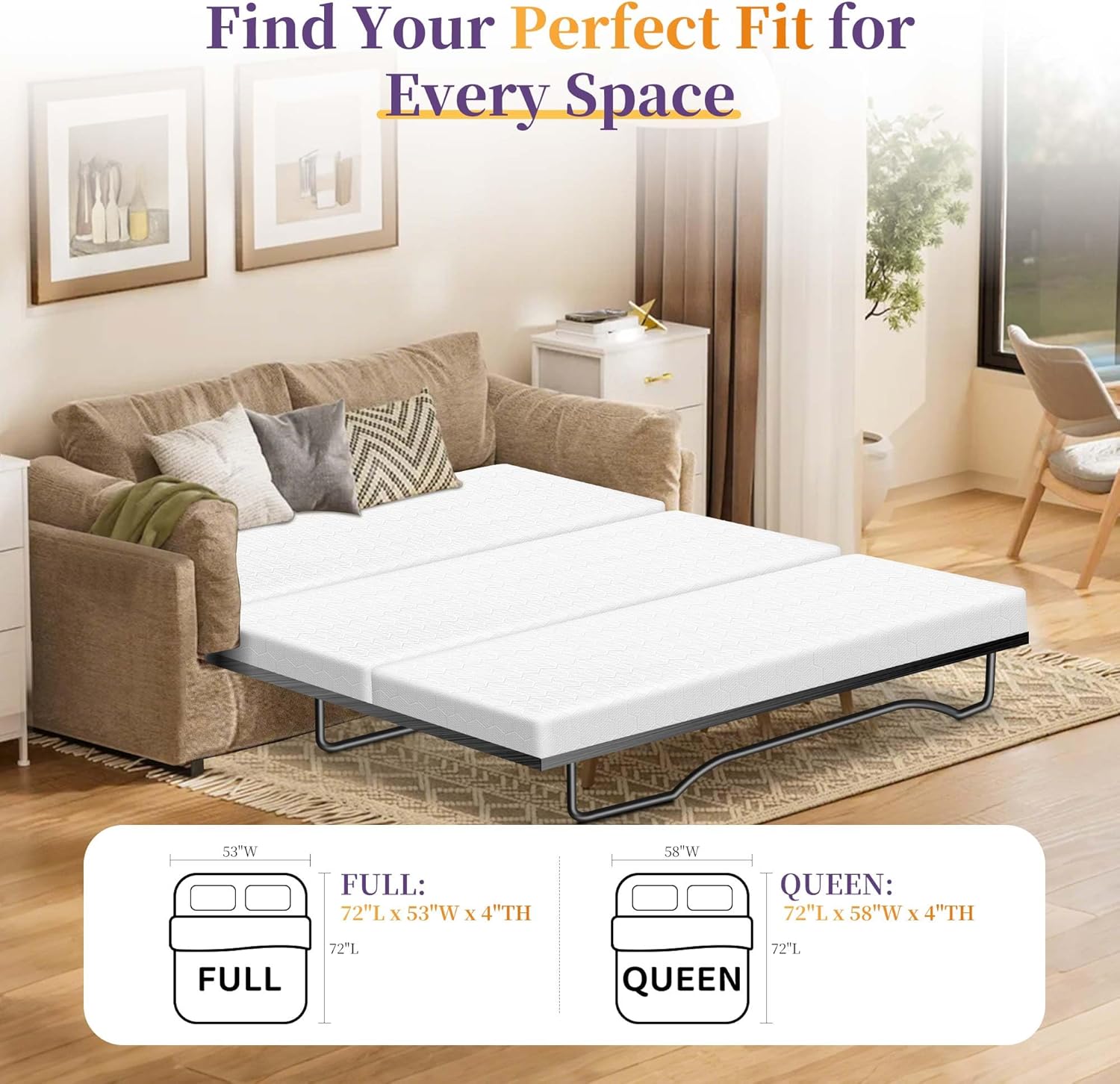 4" Memory Foam Sofa Bed Mattress Replacement 72"× 58" for Queen Pull Out Couch Bed&Sleeper Sofas with Removable&Machine-Washable Cover, High-Resilience 25D Foldable Mattress