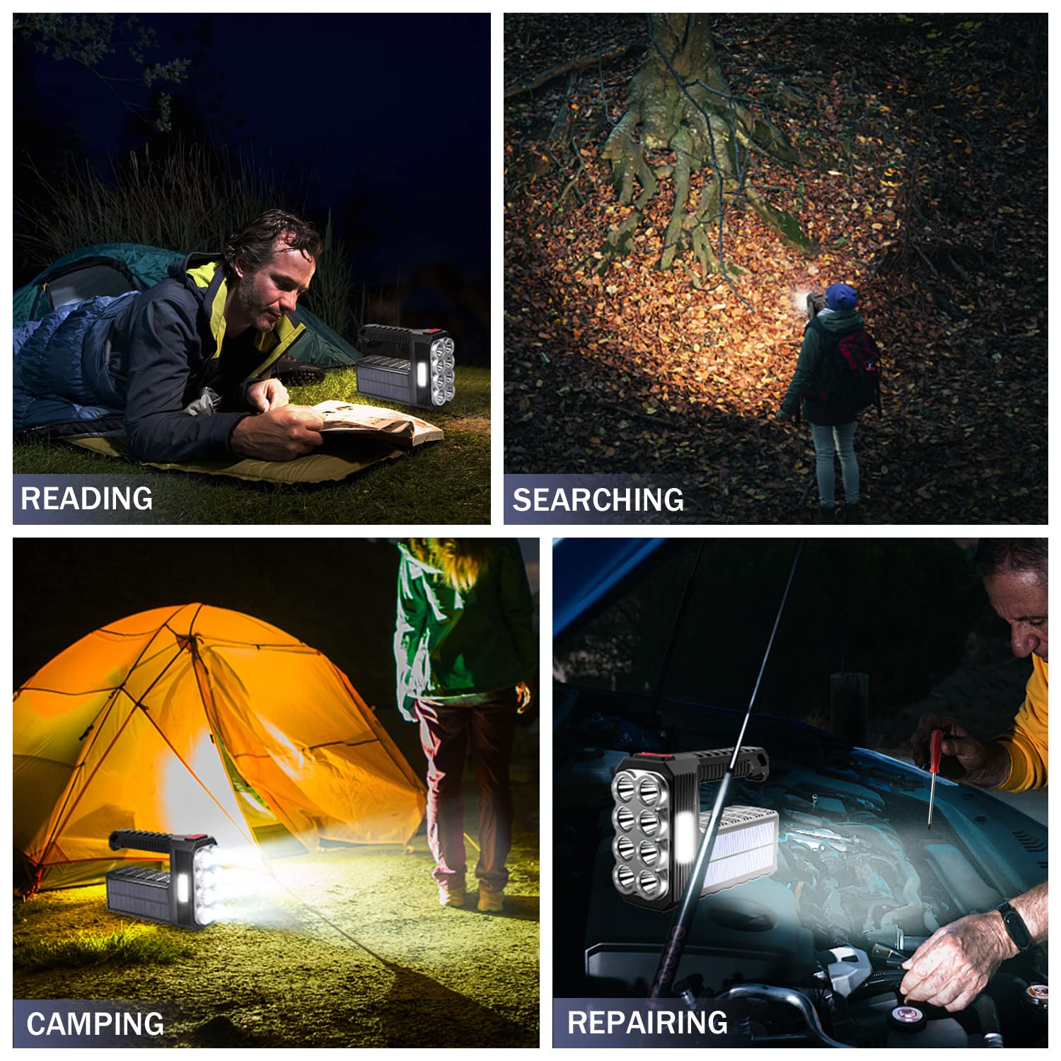 Torcia solare a 8 LED con luce di posizione COB, 1000 lumen, alimentata a energia solare, ricaricabile tramite USB, impermeabile, con 3 modalità, per pesca, campeggio, emergenze