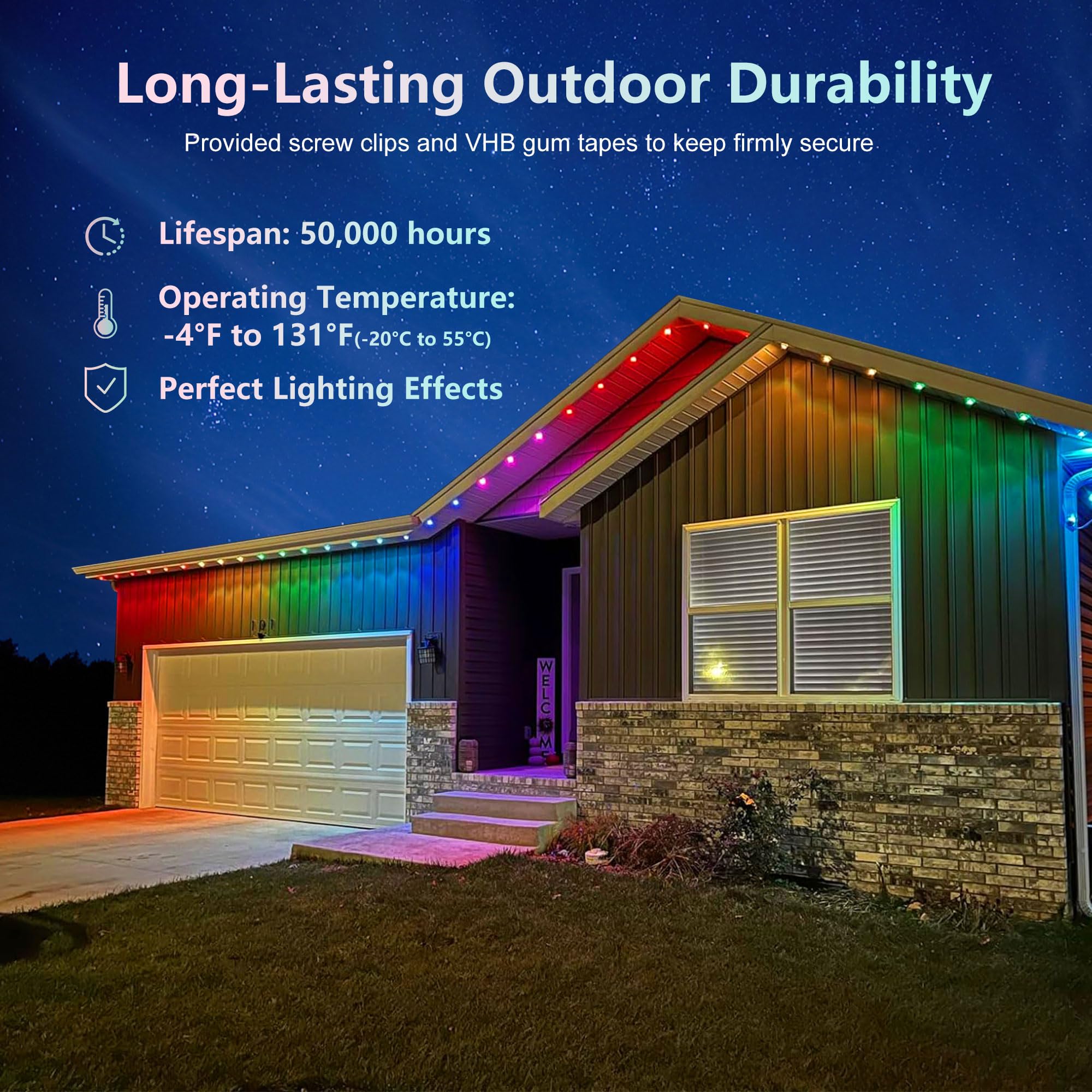 SLARY Permanent Outdoor Lights for House Roof, 100ft RGB Smart Eaves Lights with Multi Scene Modes for Halloween, Christmas, Holiday, Party, Daily Lighting, IP67 Waterproof