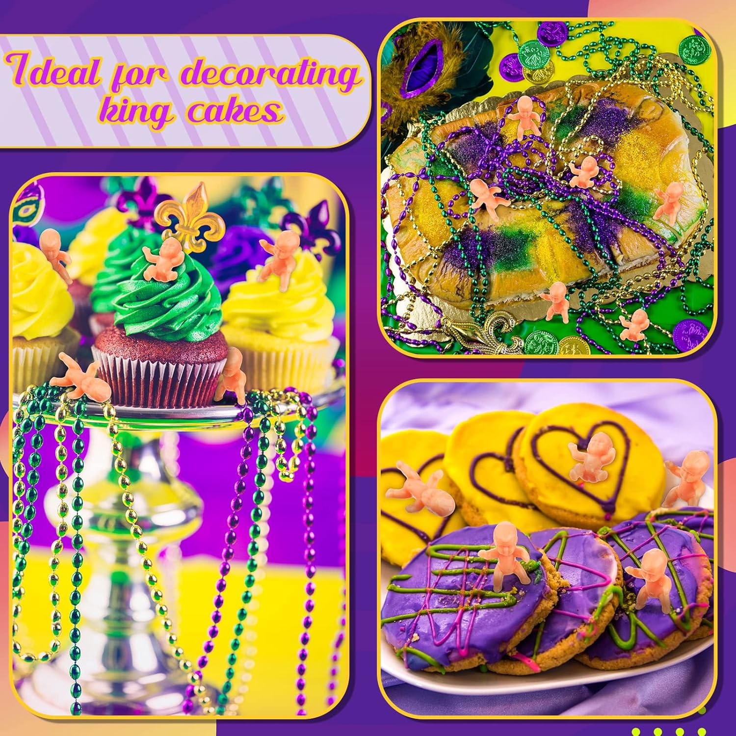 60 Pieces Mardi Gras King Cake Babies Mini Plastic Babies King Cake Baby with 12 Pieces Mardi Gras Assorted Beaded Necklace Mardi Gras Beads for Baking Baby Shower Events and Party Favor Novelty