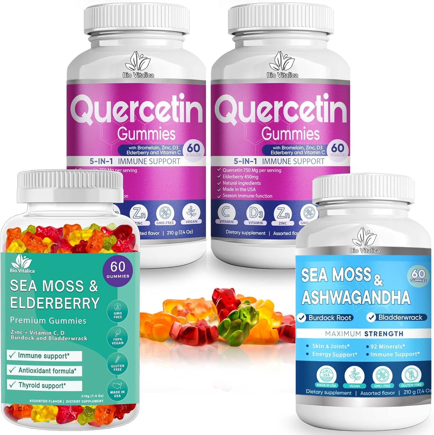 BIO VITALICA (Bundle) Sea Moss Elderberry (1 Pack) & Quercetin (2 Packs) & Sea Moss Ashwagandha (1 Pack)