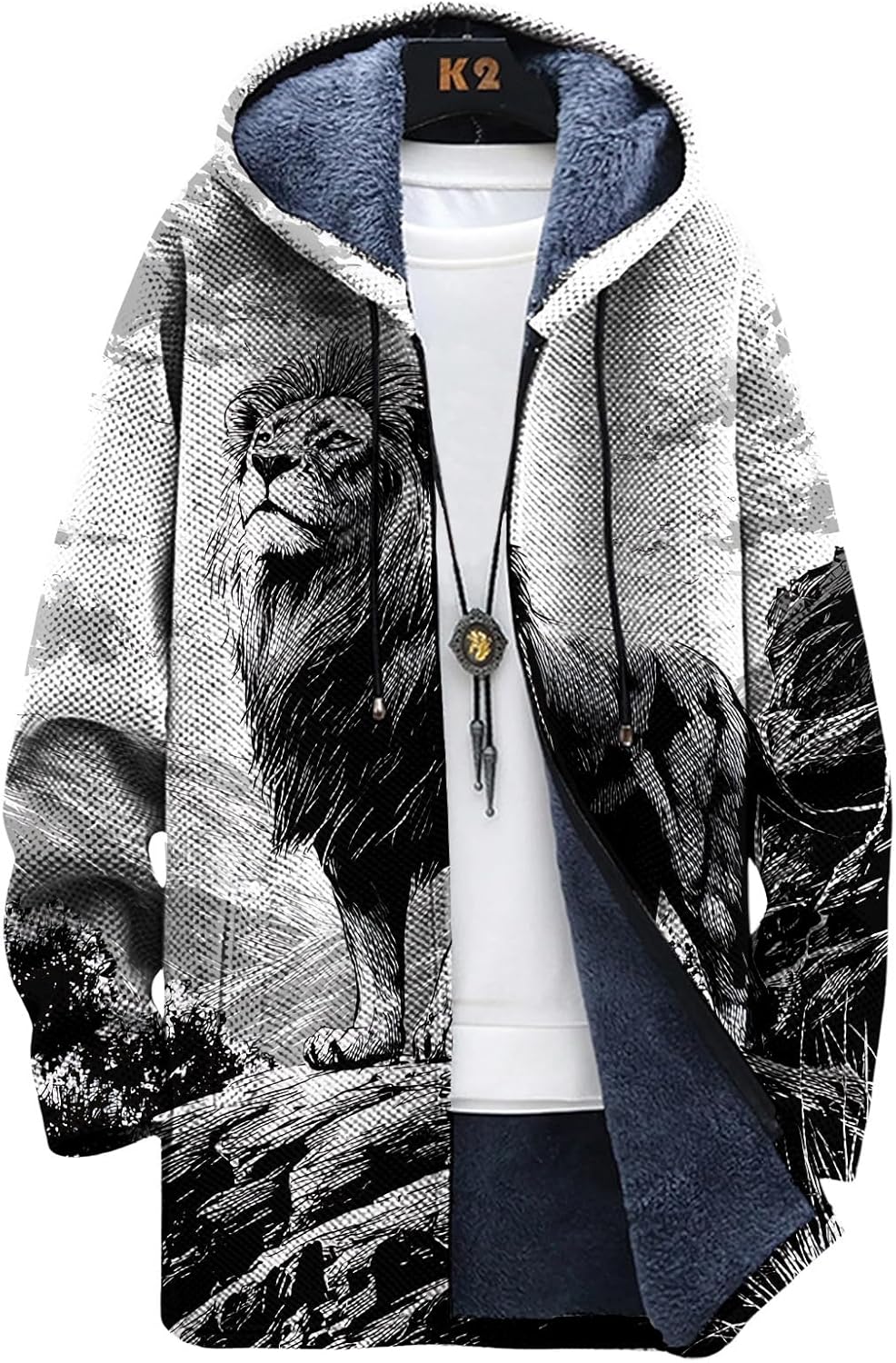 Japanese Graphic Fleece Long Jacket for Men Fall Winter Fashion Zip Up Hooded Coat Casual Warm Daily Wear